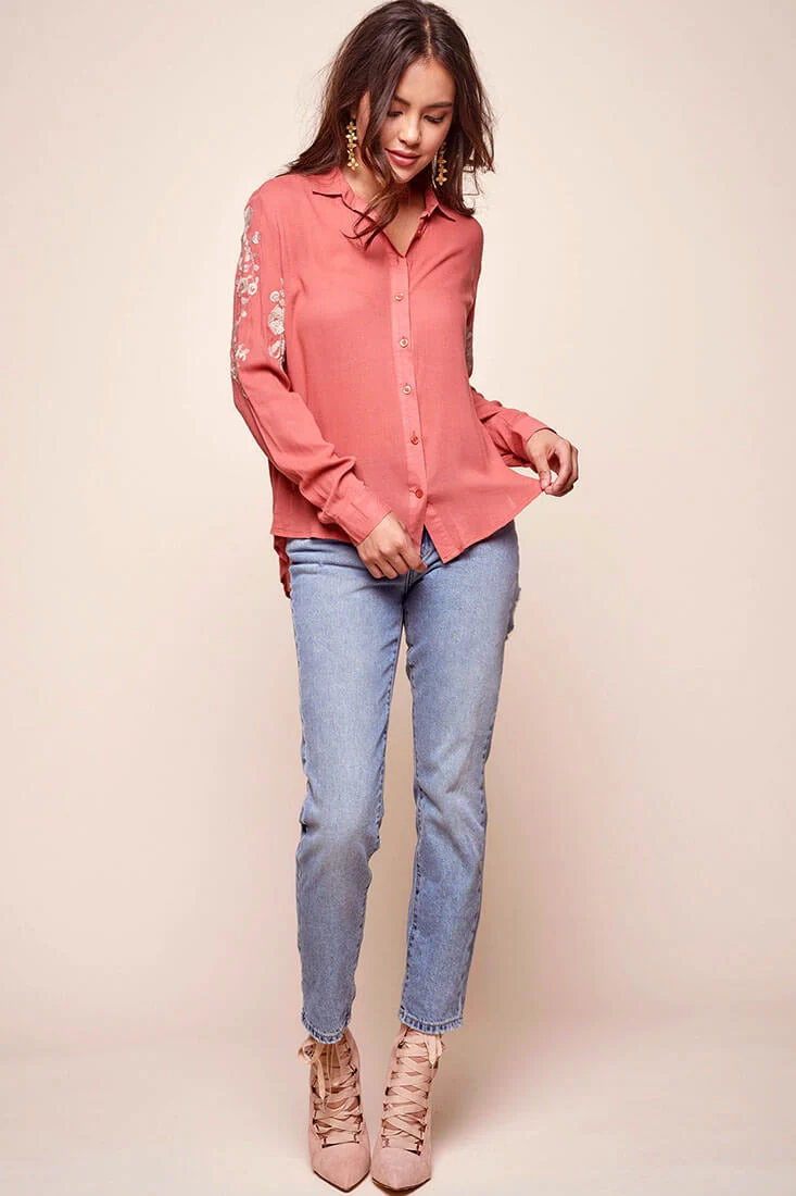 Issa Floral Sleeved Button Up Top Rust