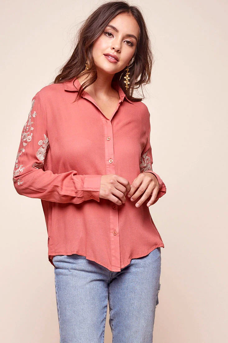 Issa Floral Sleeved Button Up Top Rust - Image 2