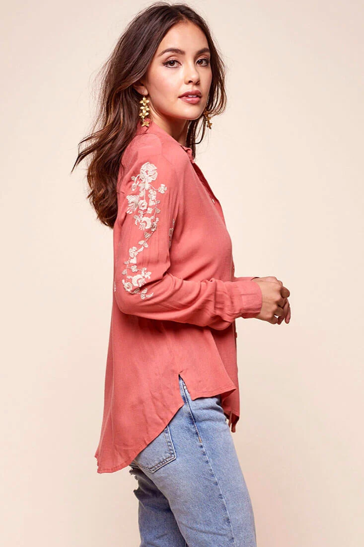 Issa Floral Sleeved Button Up Top Rust - Image 3