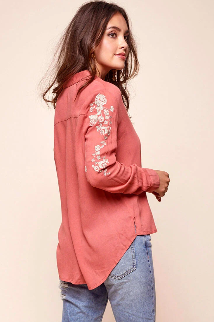 Issa Floral Sleeved Button Up Top Rust - Image 5