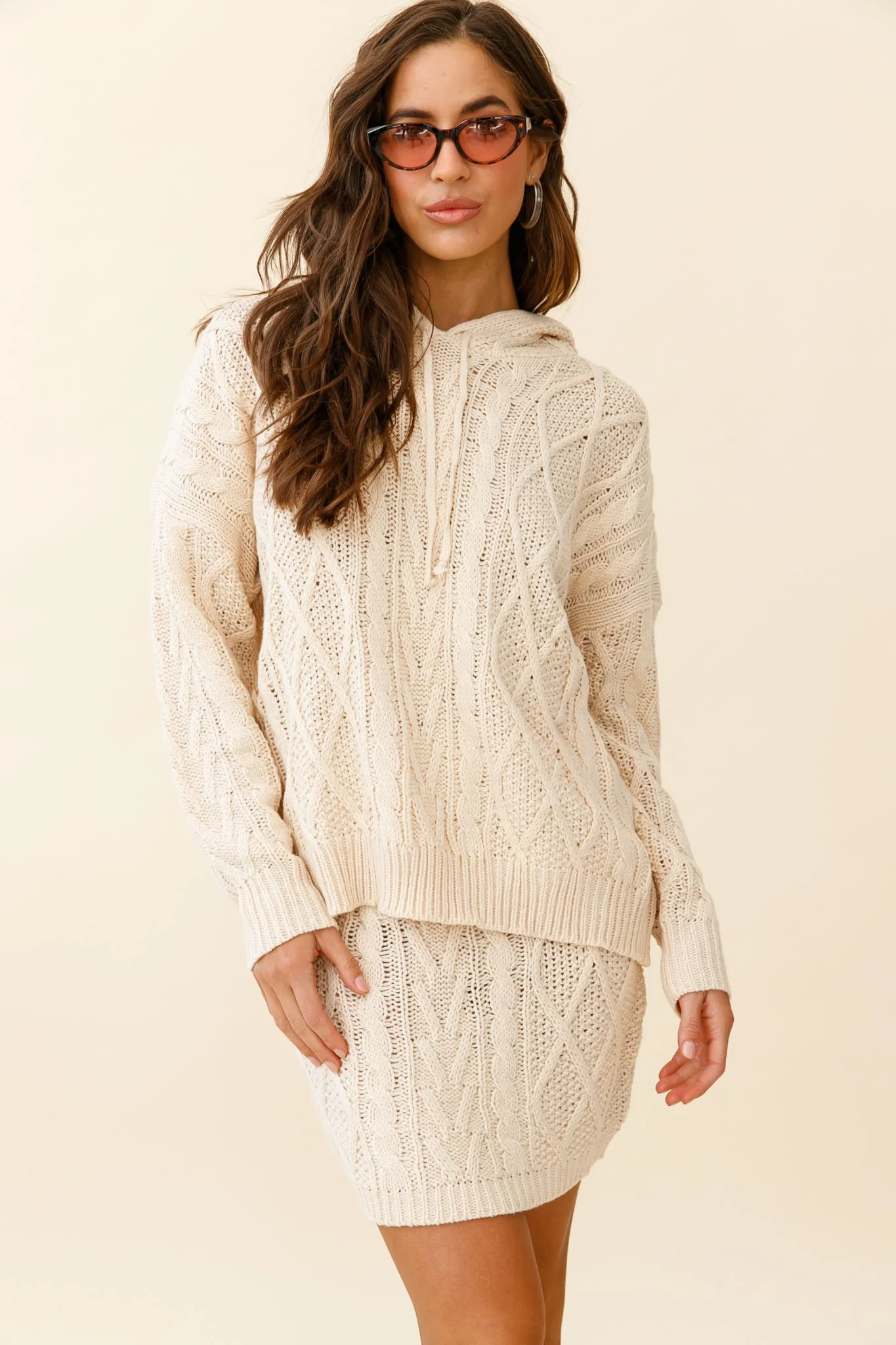 Issy Dropped Sleeve Cable Knit Hoodie Cream - Image 8