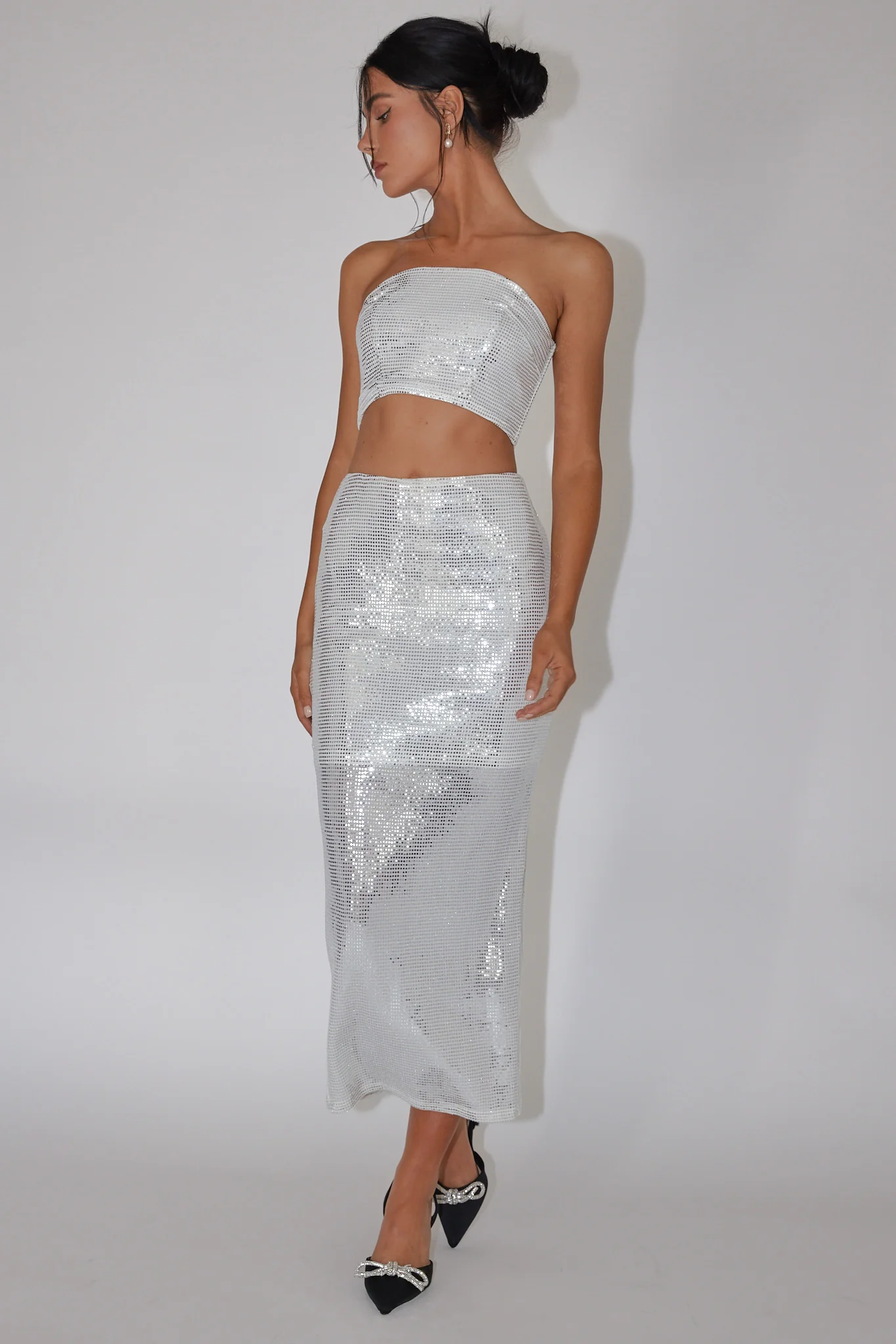 It Girls Sequin Maxi Skirt Silver - Image 4