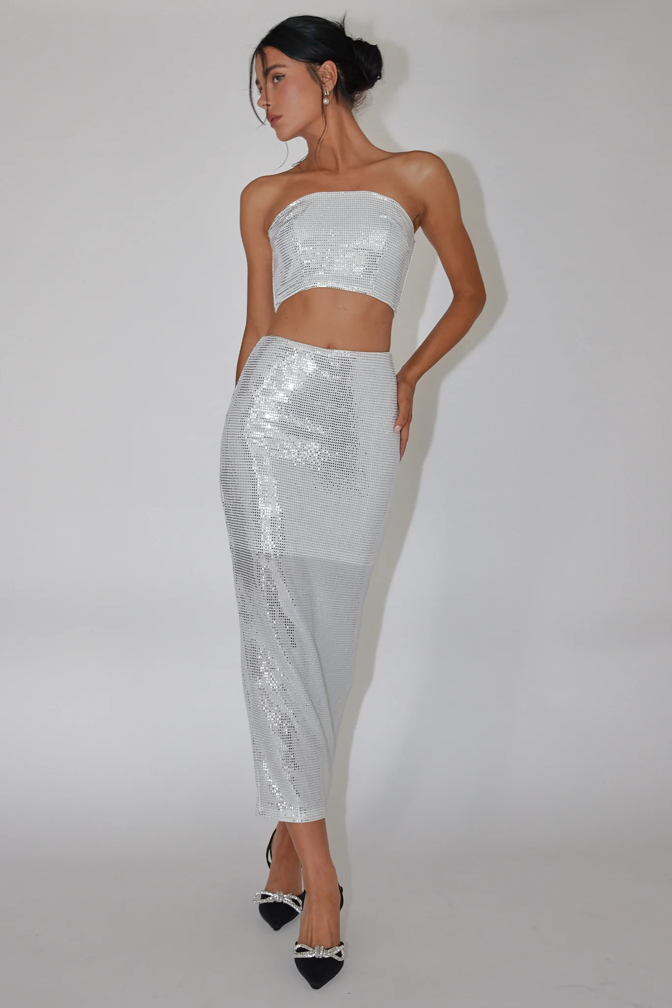 It Girls Sequin Maxi Skirt Silver - Image 5