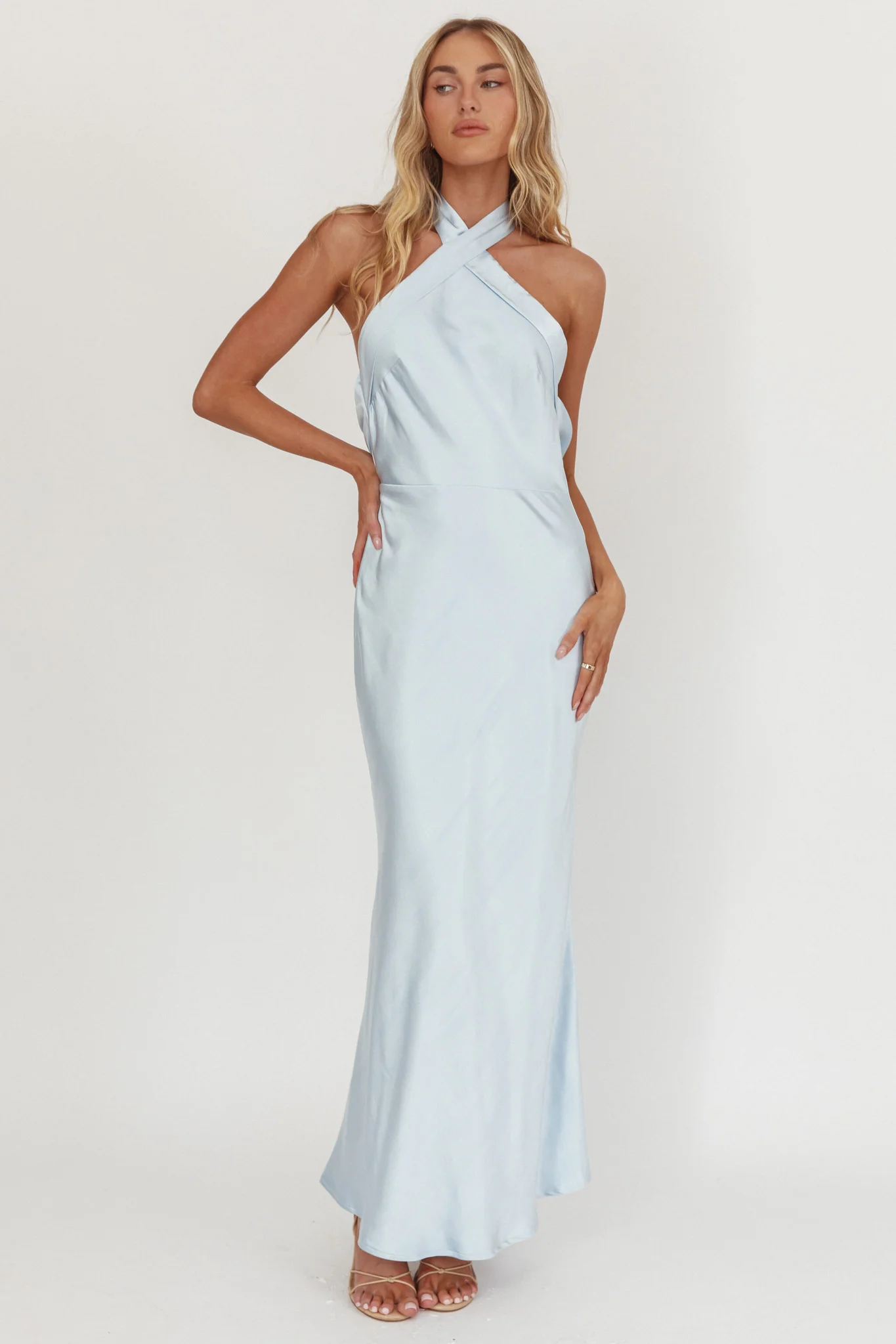 Italia Azure Crossover Halterneck Maxi Dress Ice Blue - Image 5