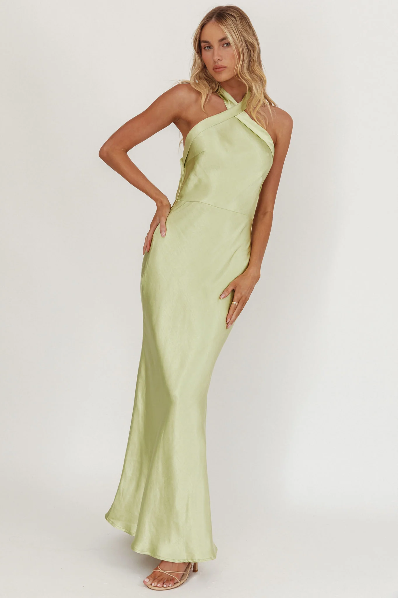 Italia Azure Crossover Halterneck Maxi Dress Pistachio - Image 5