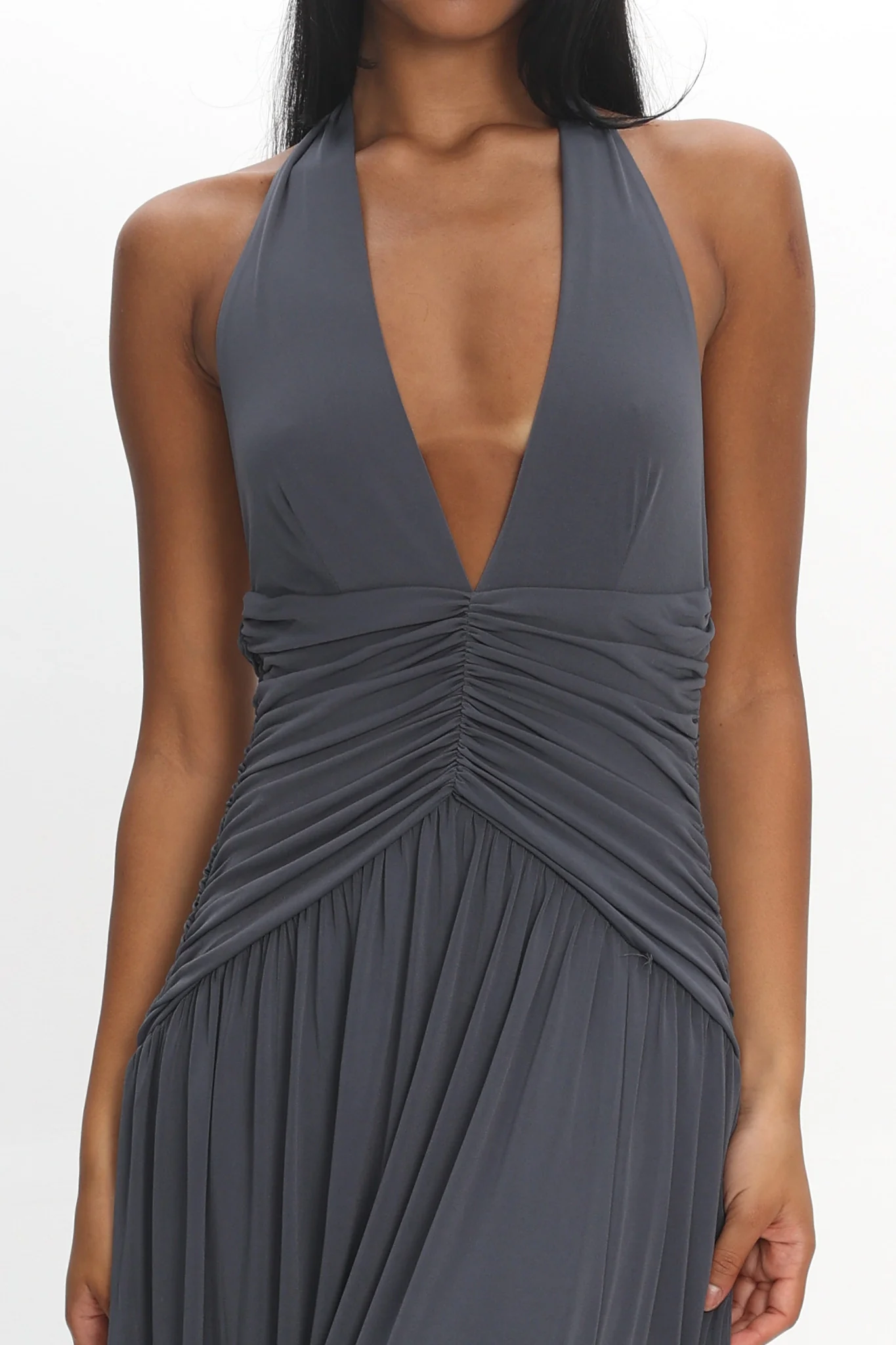 Italia Azure Gathered Waist Maxi Dress Charcoal - Image 4