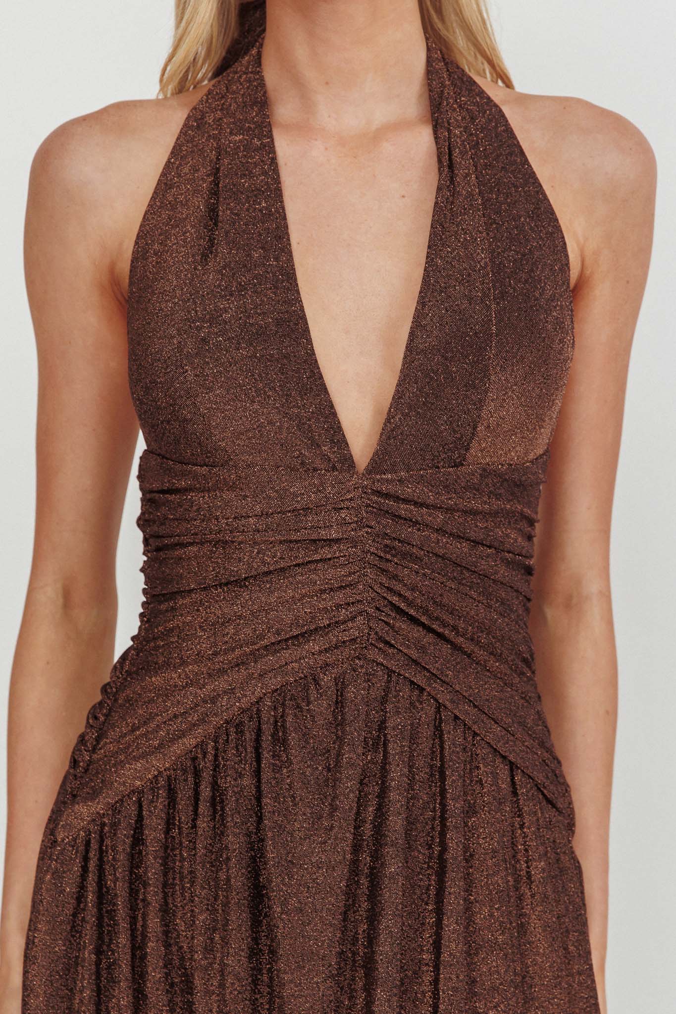 Italia Azure Gathered Waist Maxi Dress Shimmer Chocolate - Image 3