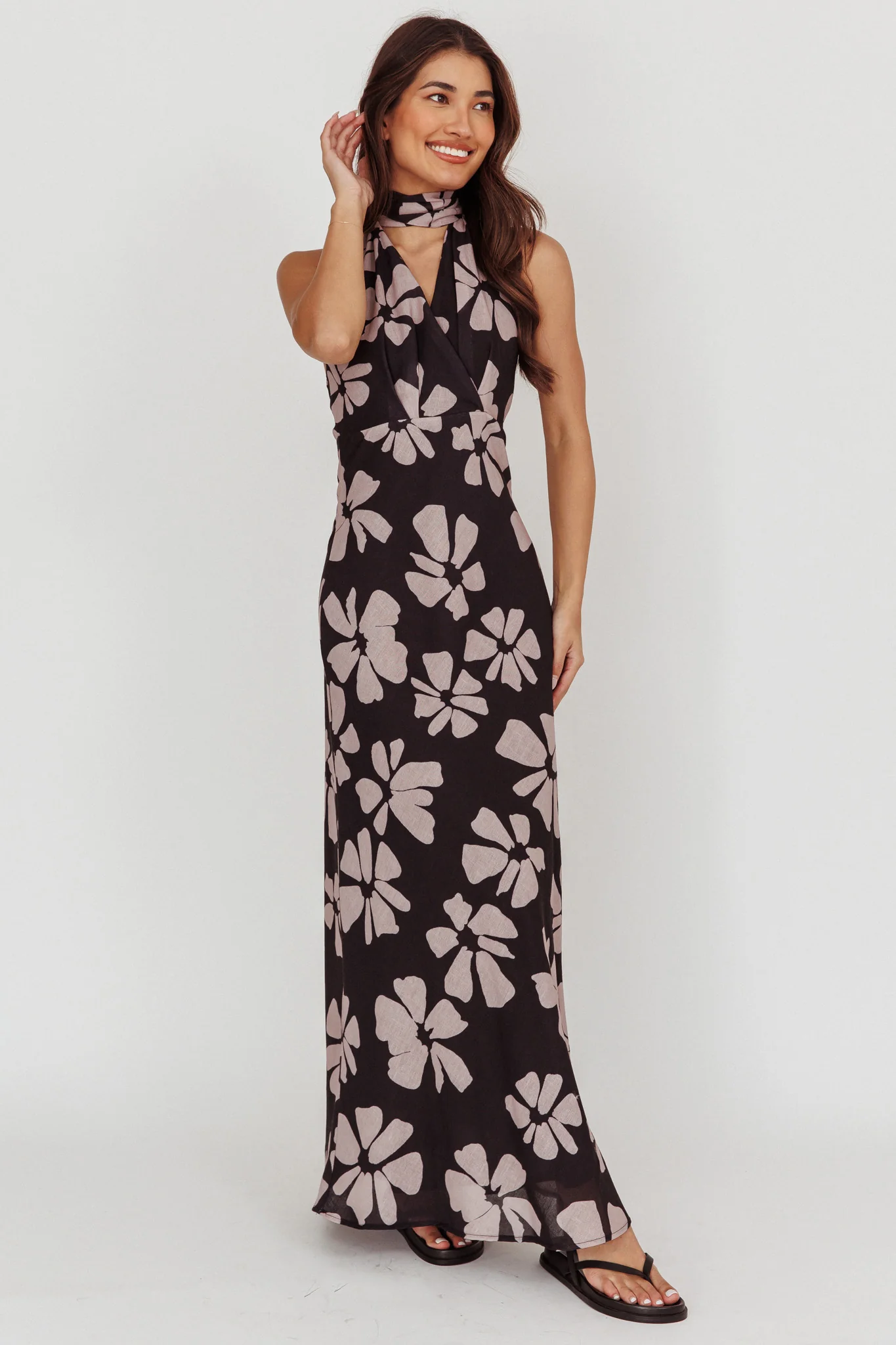 Italia Azure Halterneck Floral Maxi Dress Black - Image 3