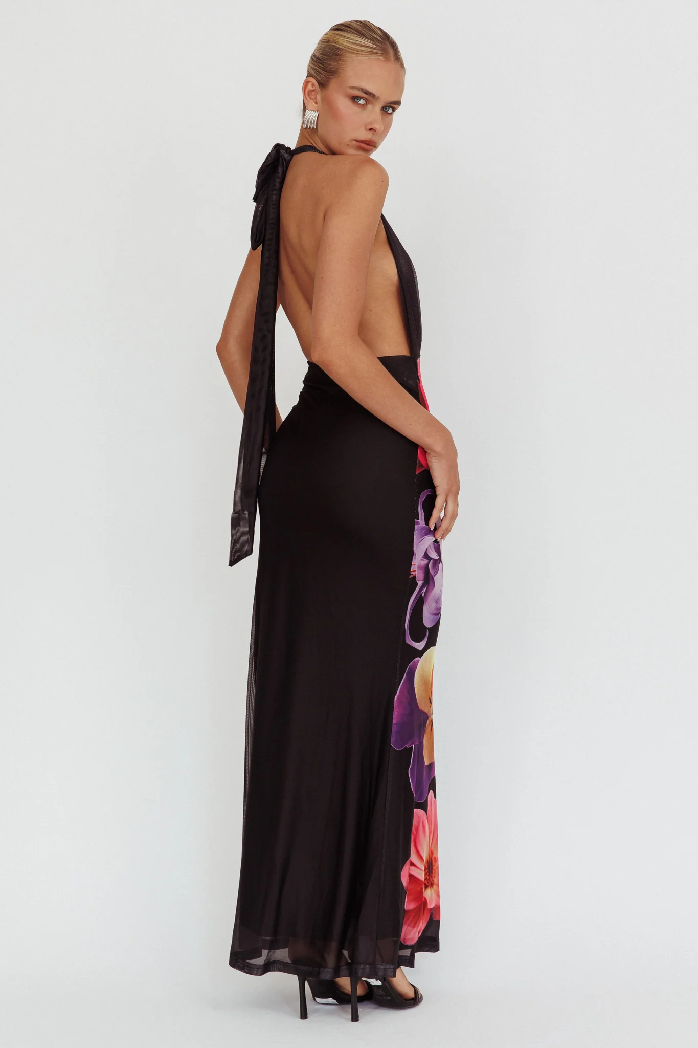 Italia Azure Halterneck Maxi Dress Flowers Black - Image 3