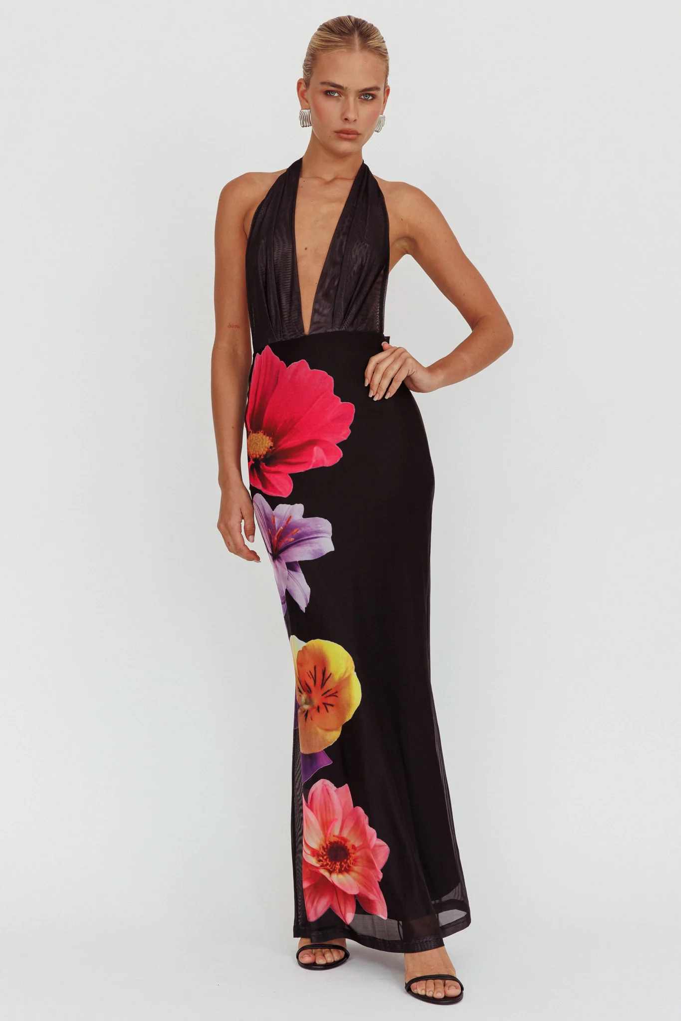 Italia Azure Halterneck Maxi Dress Flowers Black - Image 5