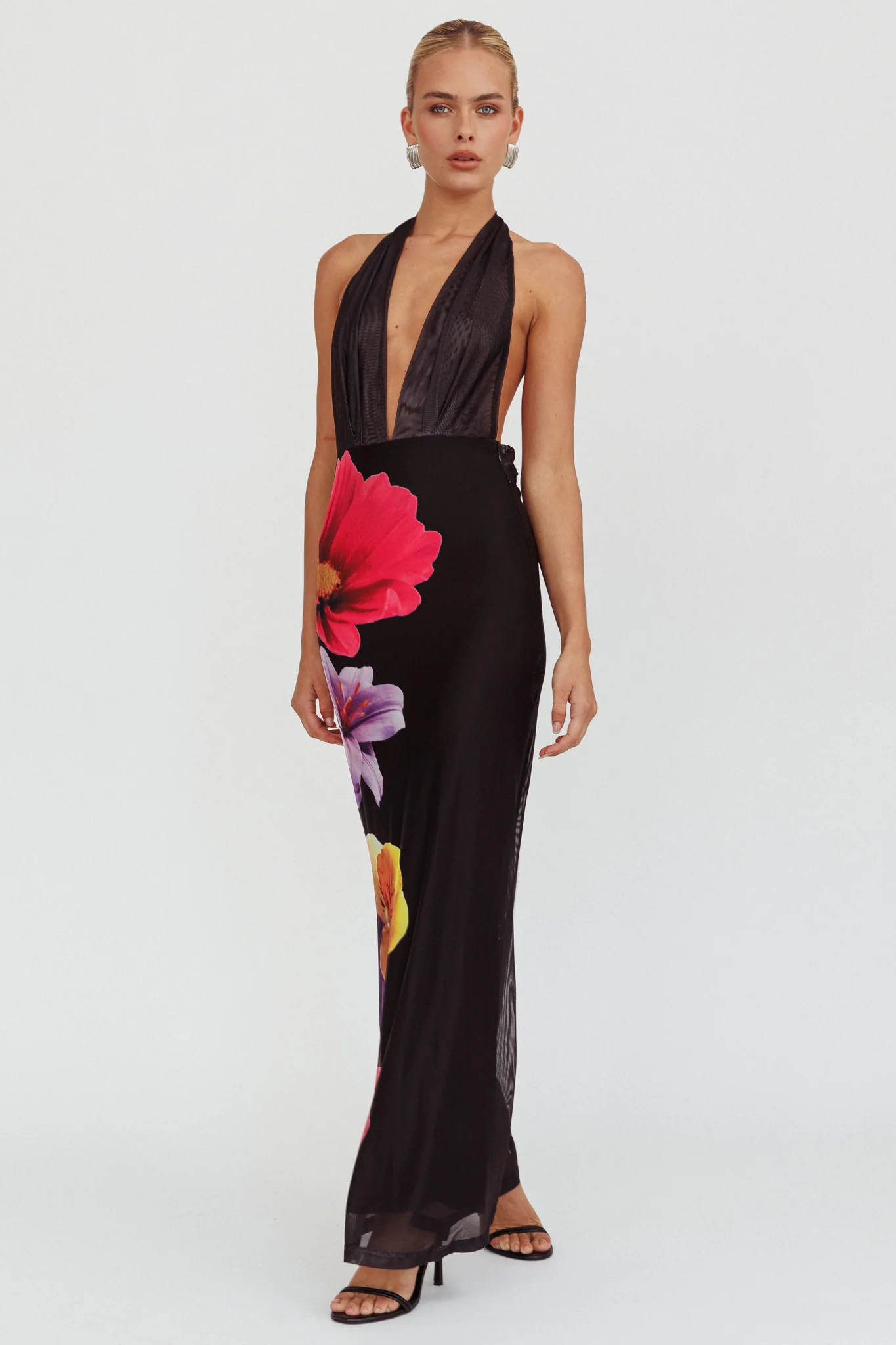 Italia Azure Halterneck Maxi Dress Flowers Black - Image 6