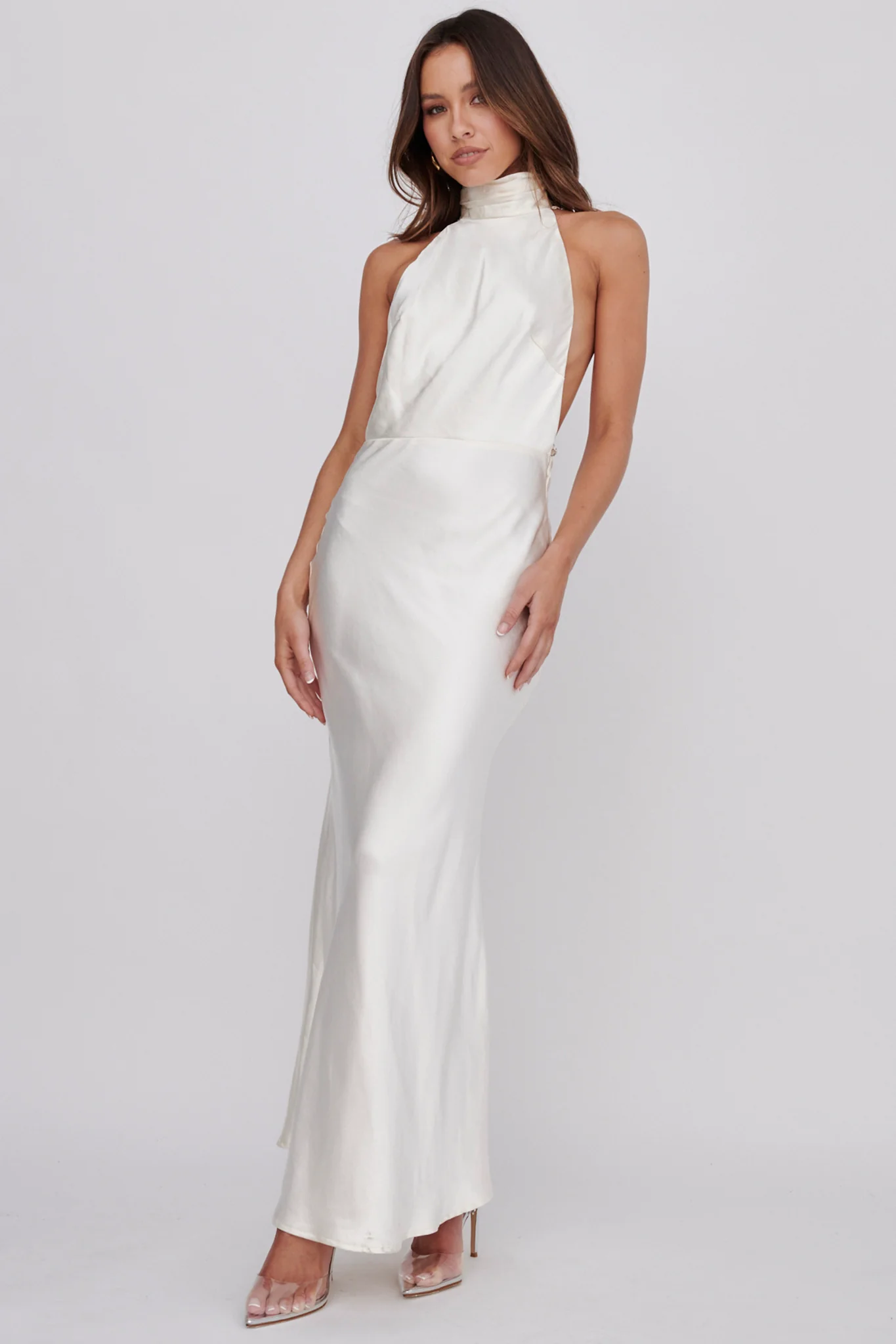 Italia Azure Halterneck Pearl Back Maxi Dress Oyster - Image 8