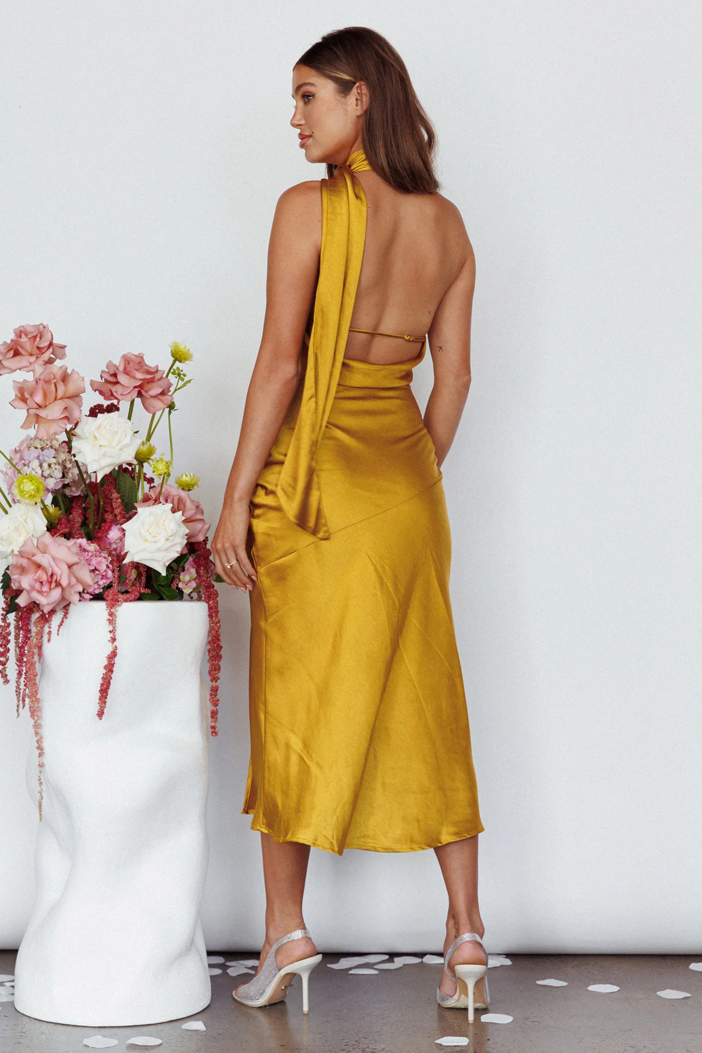 Italian Summer Tie Neck Midi Dress Mustard - Image 2