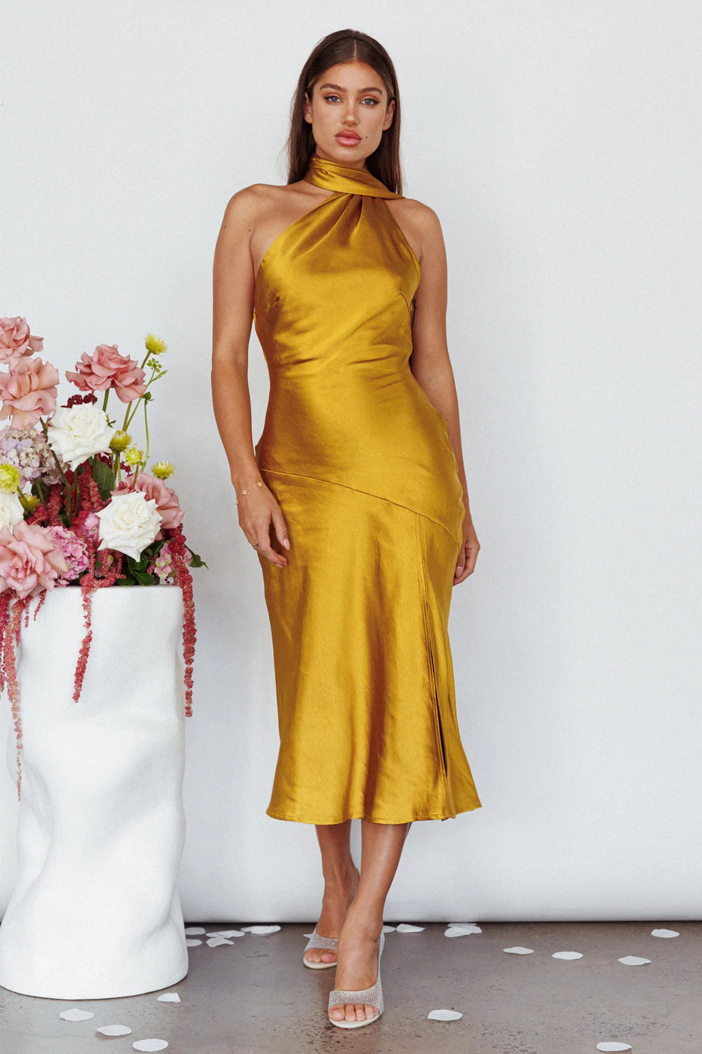 Italian Summer Tie Neck Midi Dress Mustard - Image 7