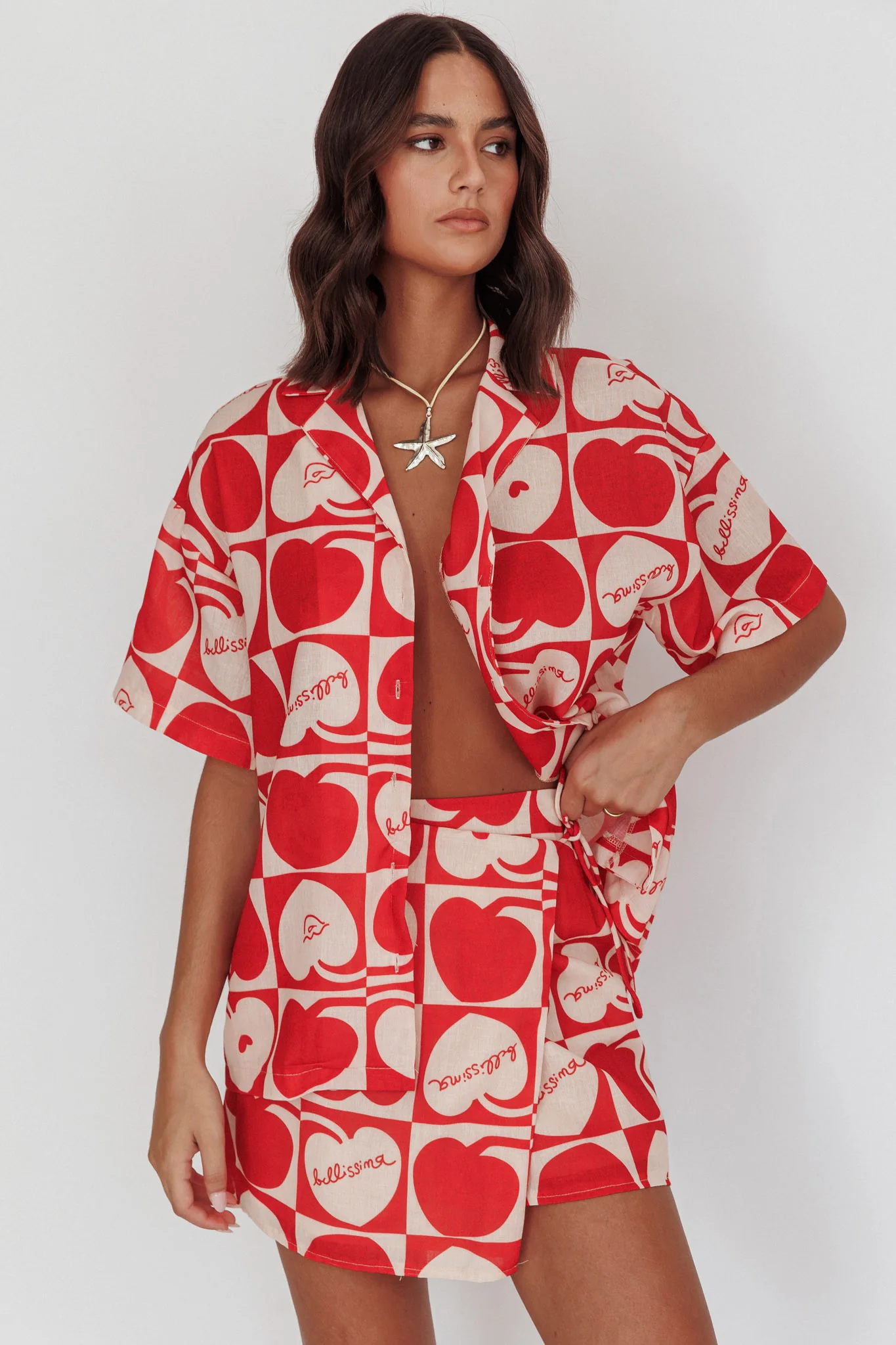 Ithaca Cherry Print Mini Wrap Skirt Red Beige - Image 2