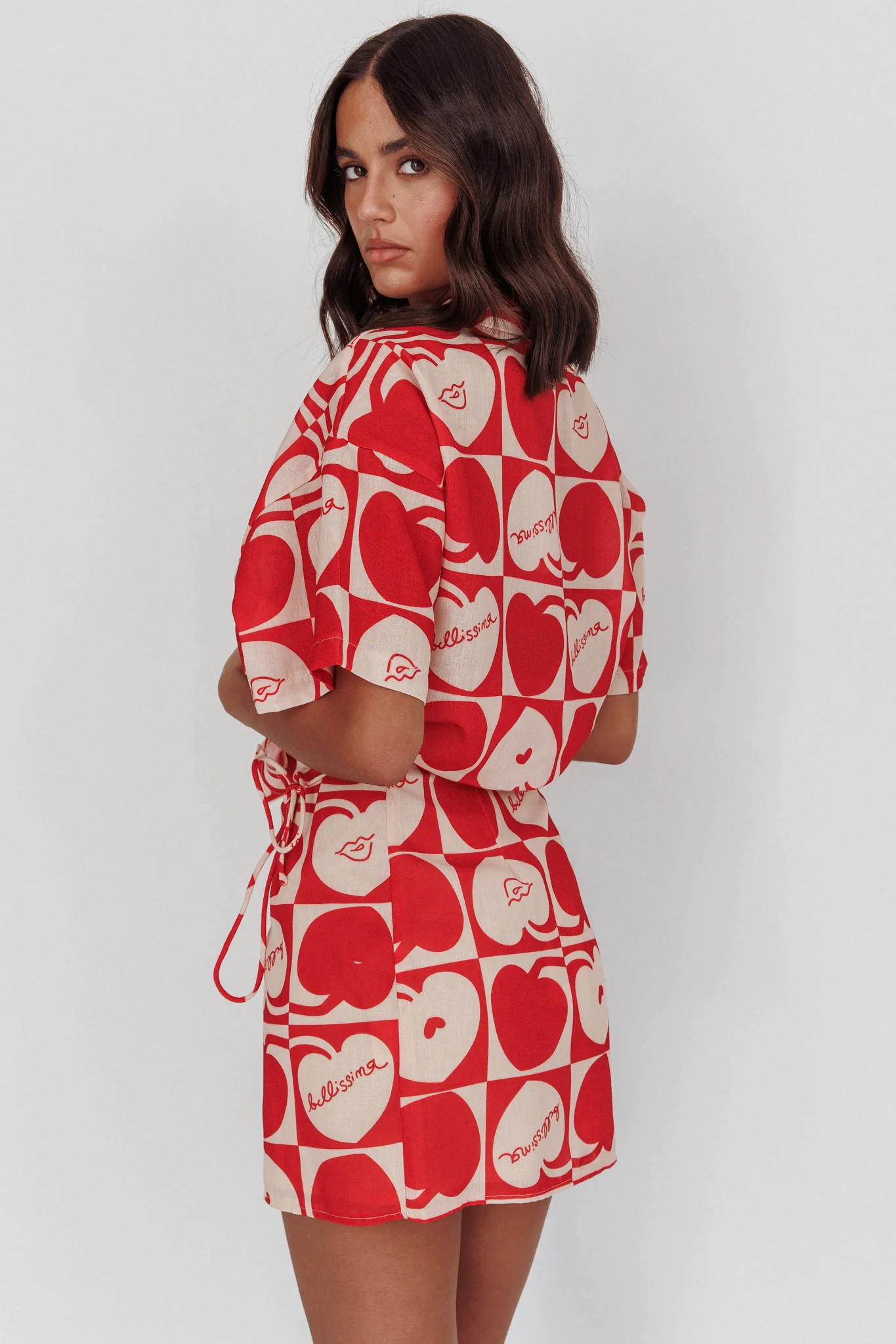 Ithaca Cherry Print Mini Wrap Skirt Red Beige - Image 5