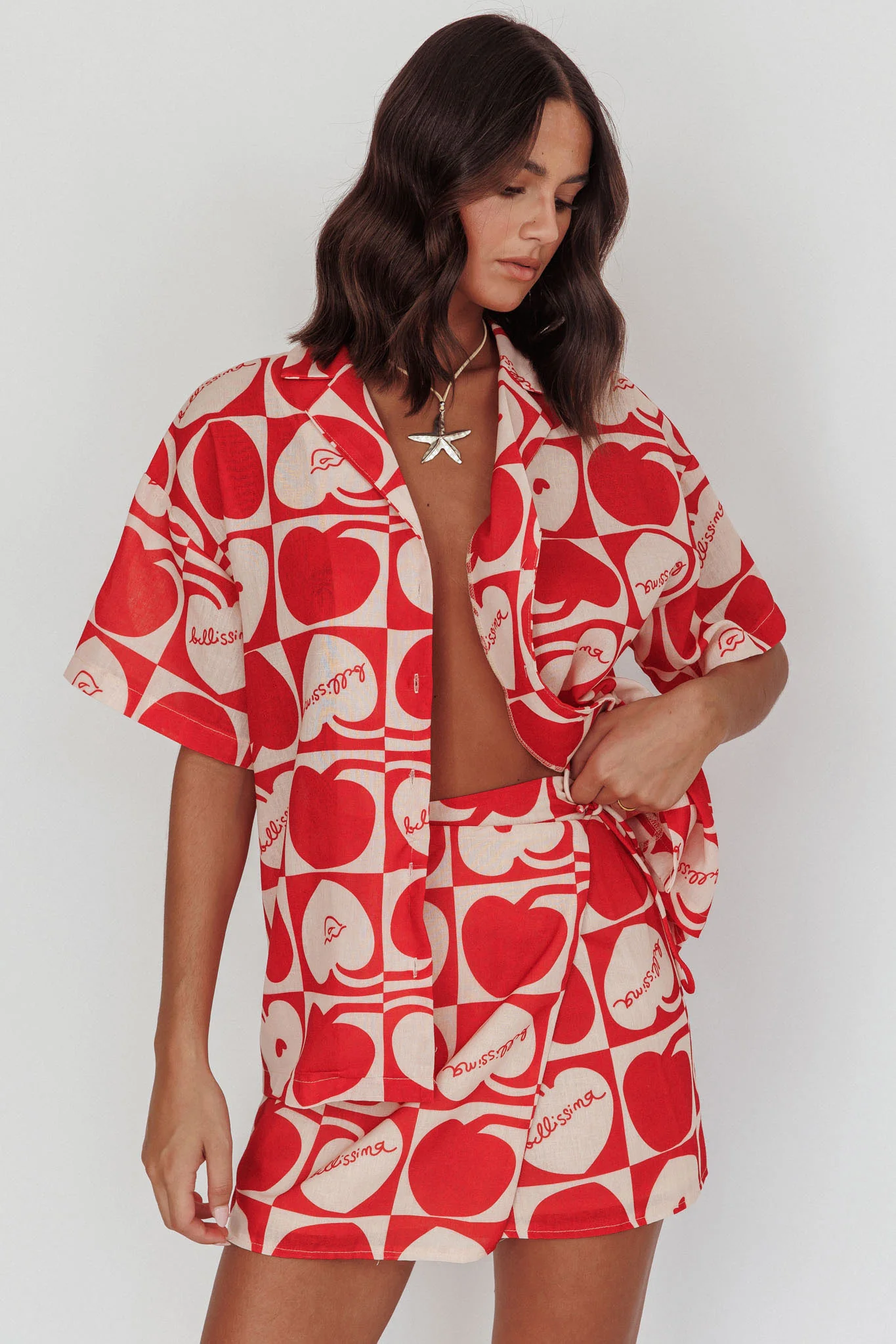 Ithaca Cherry Print Mini Wrap Skirt Red Beige - Image 6