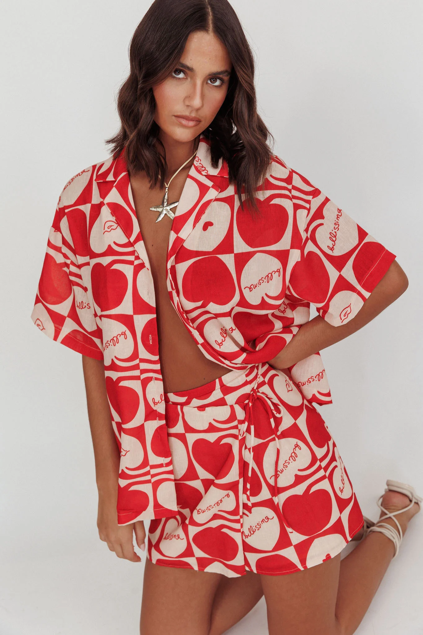 Ithaca Cherry Print Mini Wrap Skirt Red Beige - Image 7