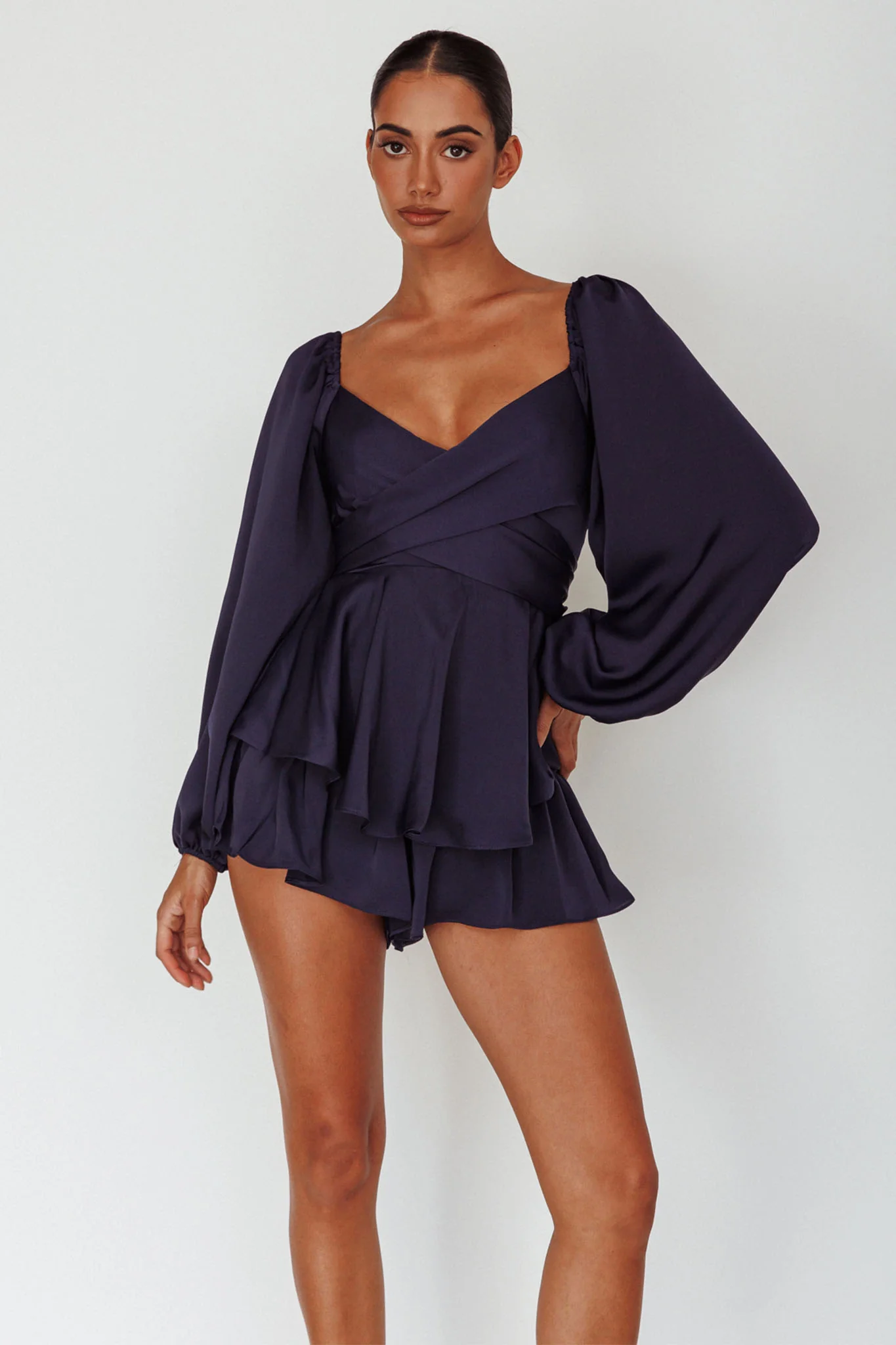 It's Complicated Long Sleeve Flounce Romper Navy - Image 6