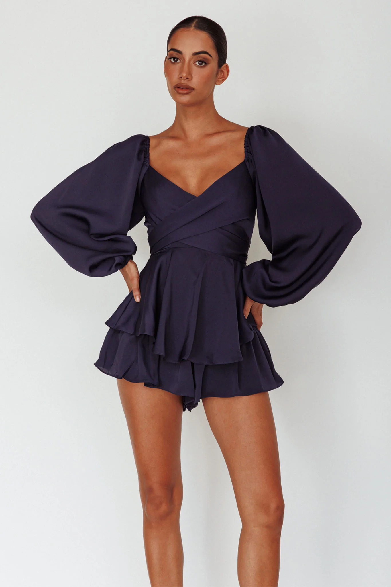It's Complicated Long Sleeve Flounce Romper Navy - Image 7