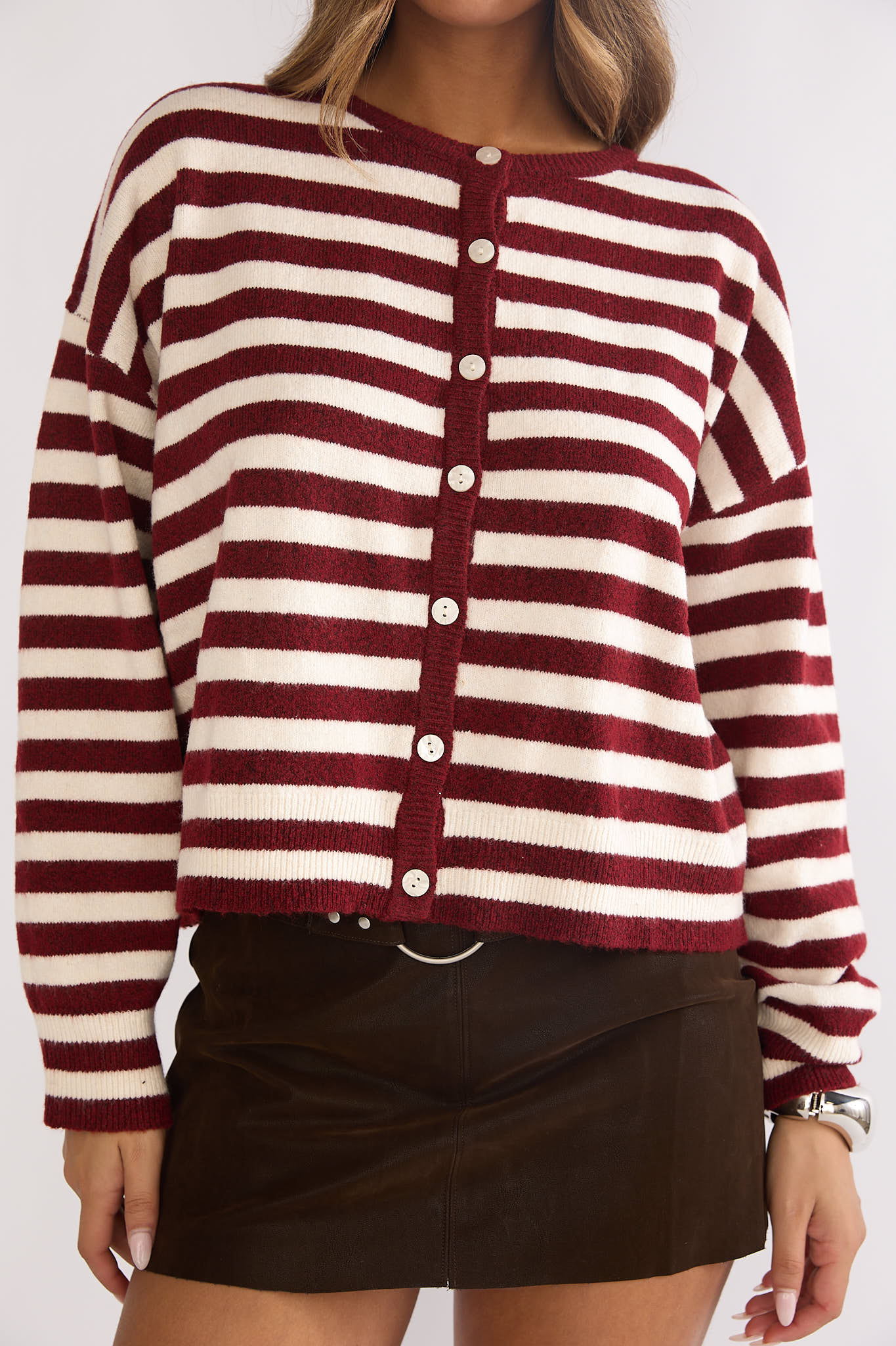 Ivyn Button Front Knitwear Top Stripe Crimson - Image 3