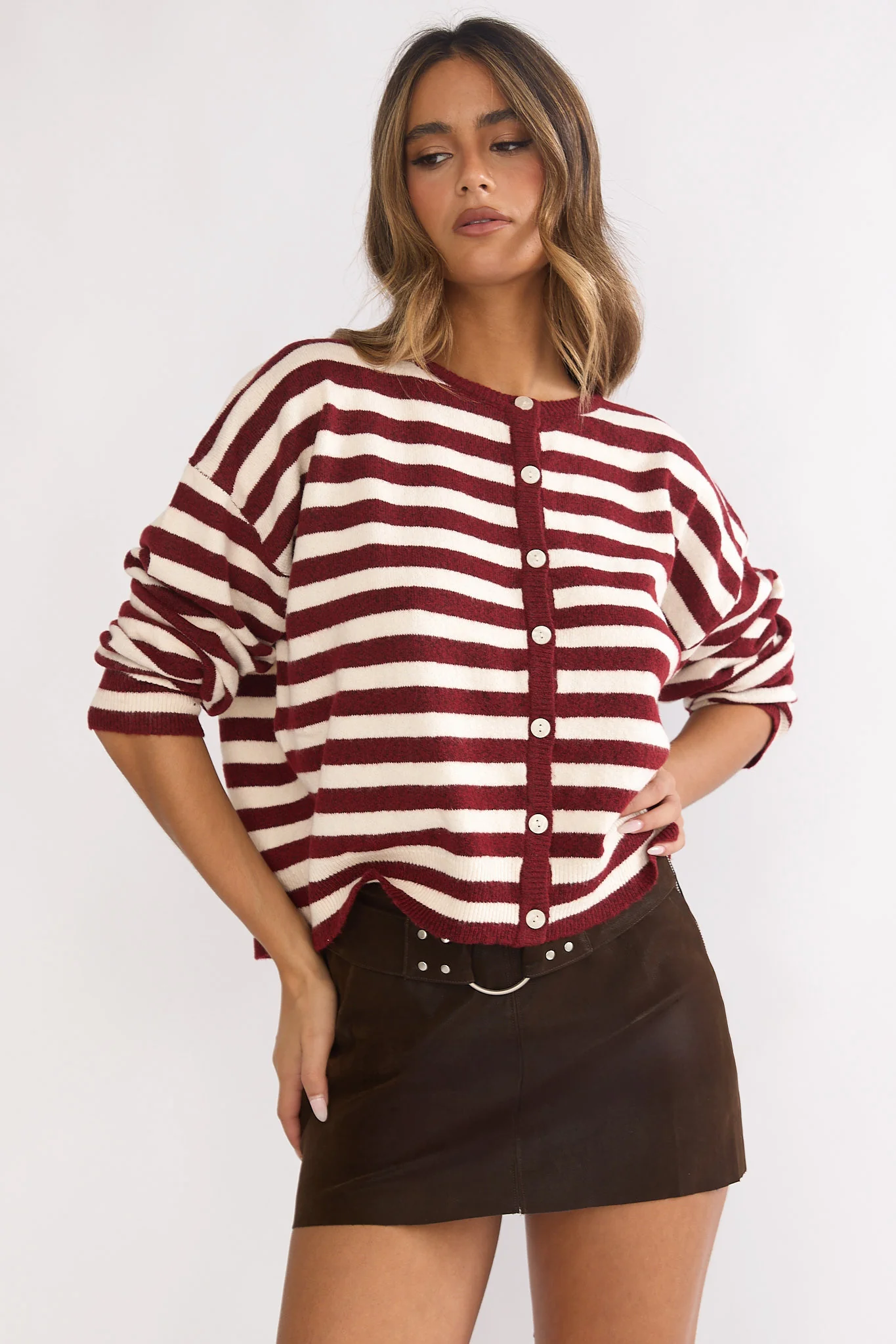 Ivyn Button Front Knitwear Top Stripe Crimson - Image 5