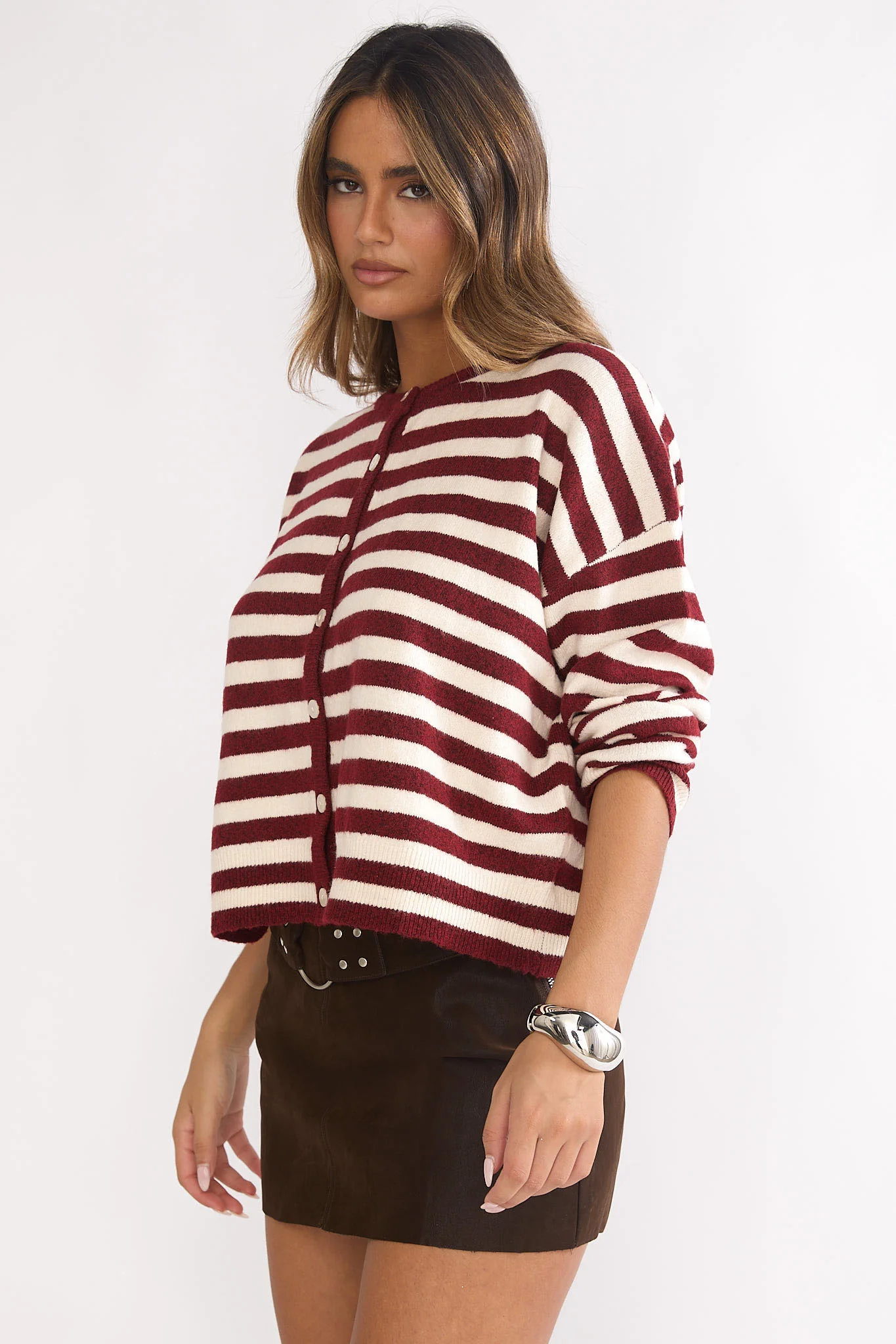 Ivyn Button Front Knitwear Top Stripe Crimson - Image 6