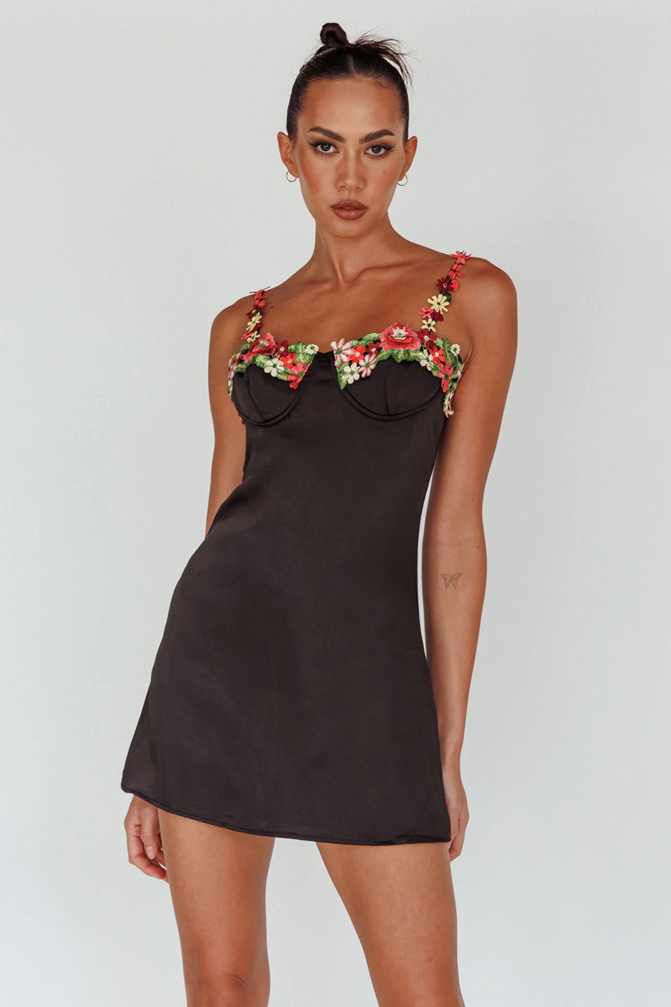 Izolda Floral Applique Mini Dress Black - Image 5