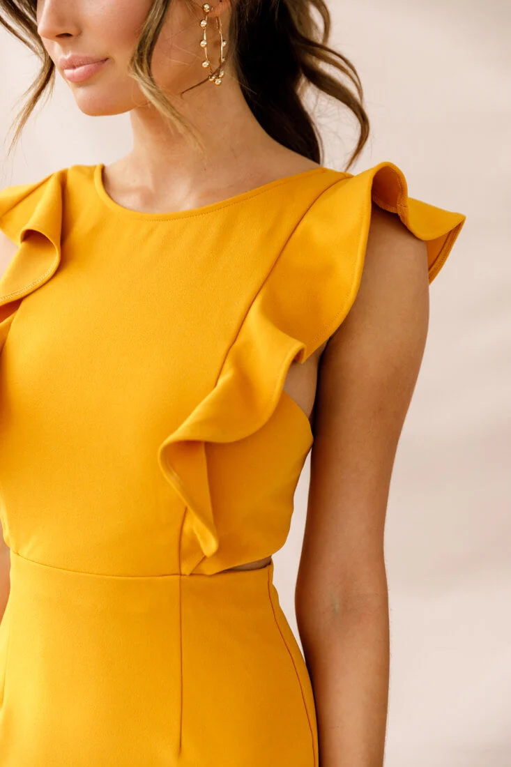 Jackie Wide Ruffle Hem Pinafore Dress Mustard - Image 5