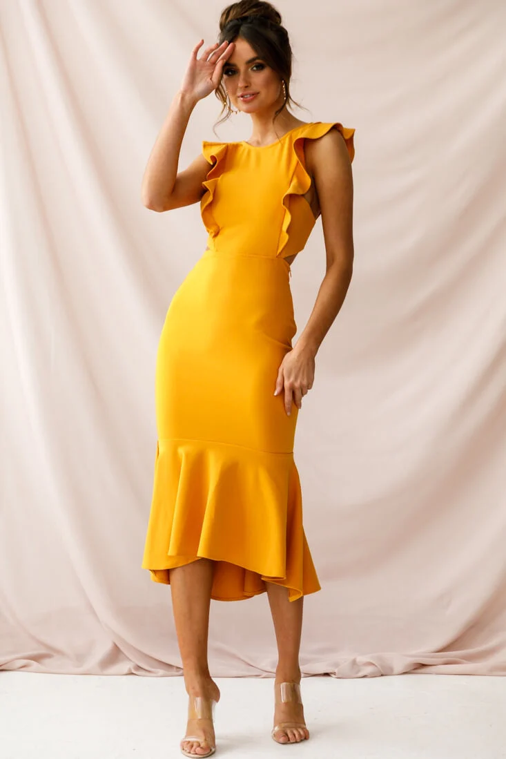 Jackie Wide Ruffle Hem Pinafore Midi Dress Mustard - Image 5