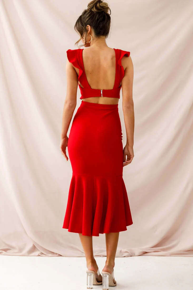 Jackie Wide Ruffle Hem Pinafore Midi Dress Red - Image 9