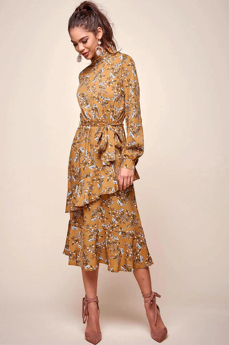 Jackson Waist Tie Bell Sleeve Dress Mustard - Image 2