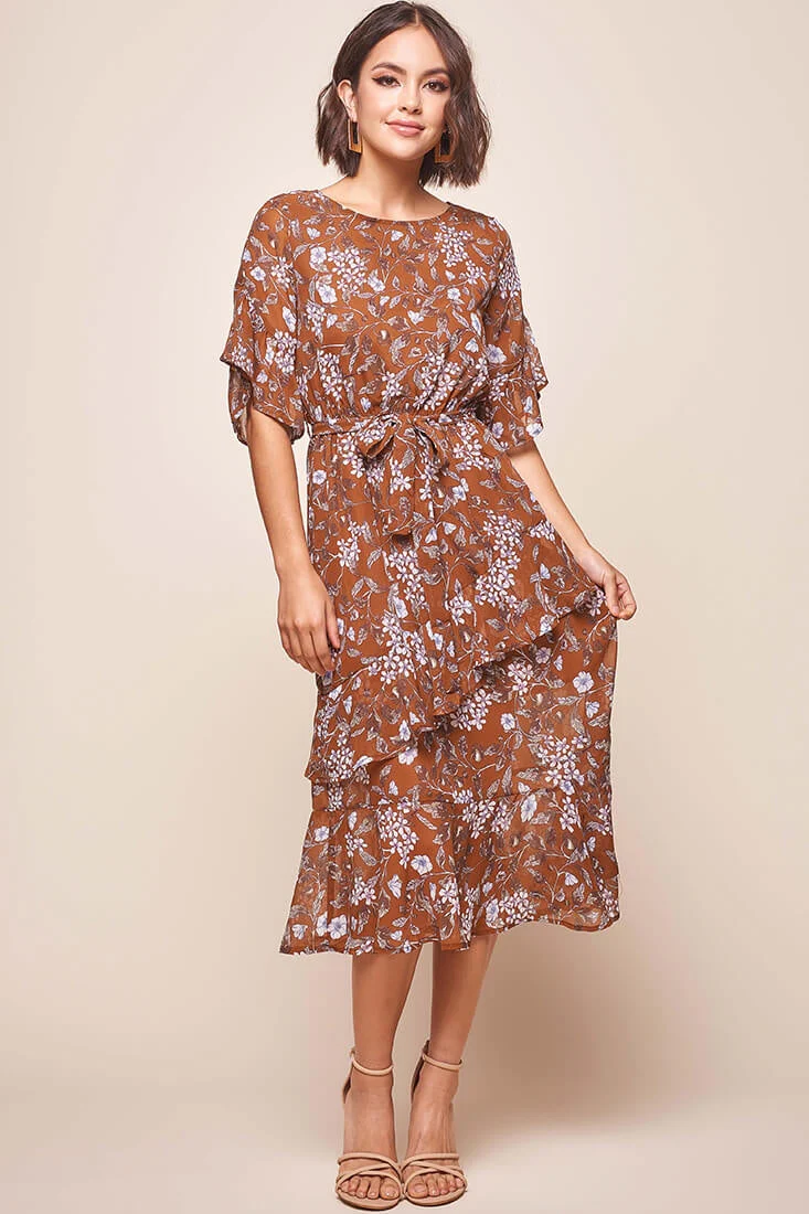 Jackson Waist Tie Ruffle Dress Rust Print - Image 2