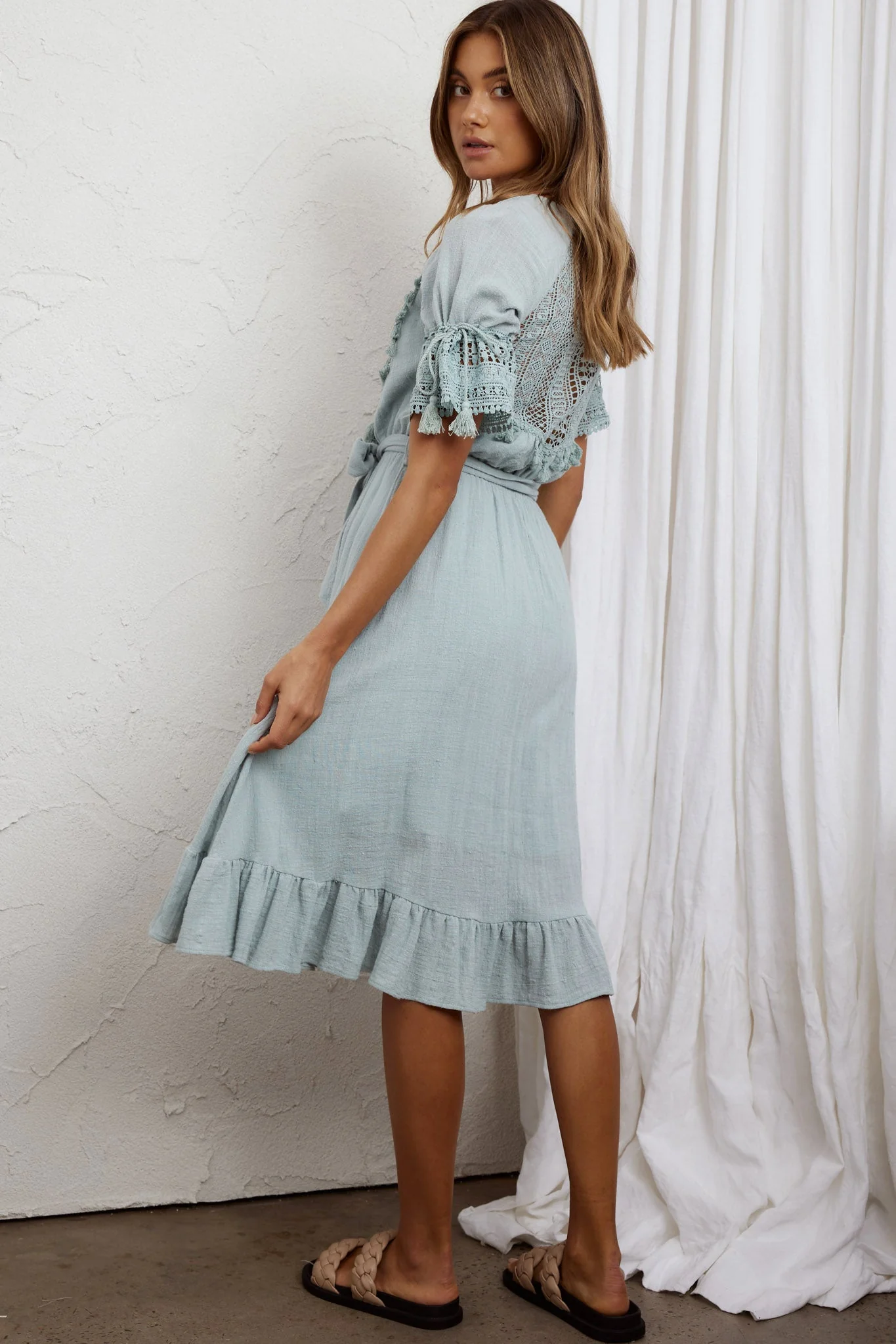 Jada Short Sleeve Crochet Tassel Midi Dress Sage - Image 2