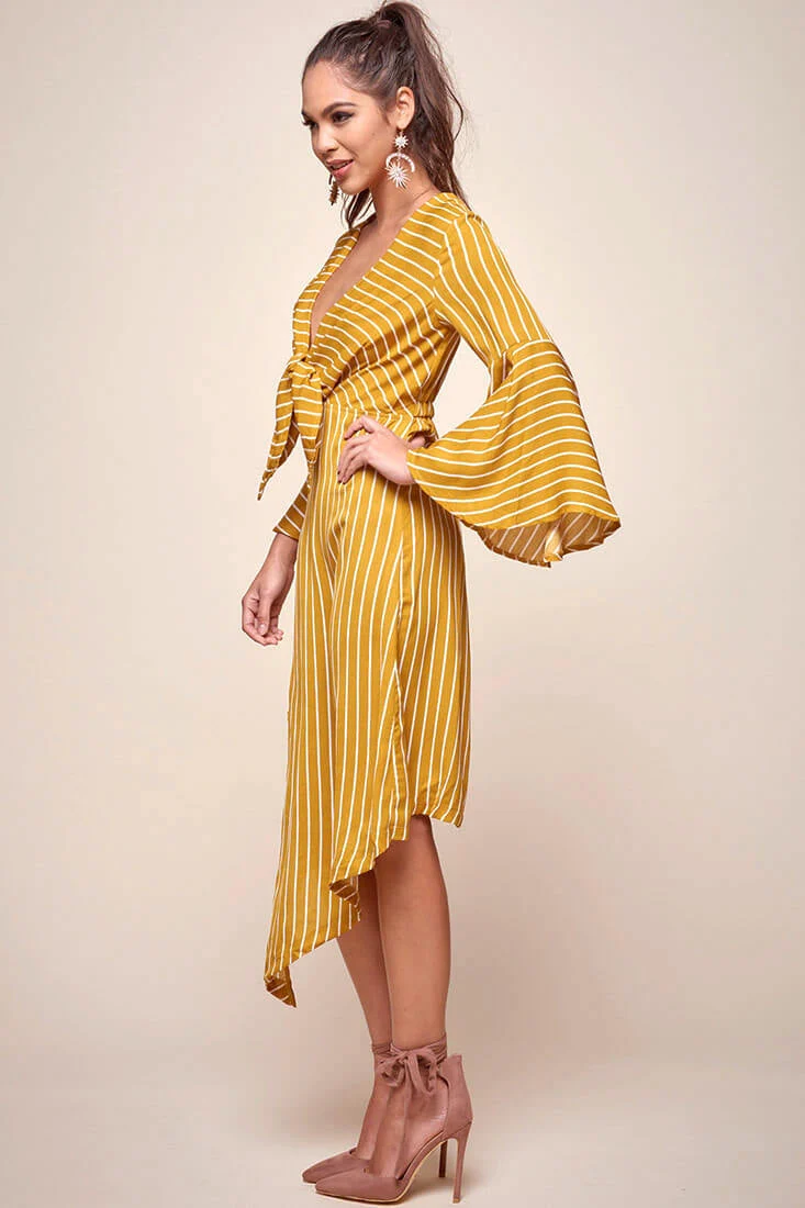 Jaedyn Waist Tie Bell Sleeve Dress Mustard - Image 3
