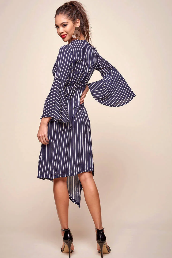 Jaedyn Waist Tie Bell Sleeve Dress Navy - Image 5