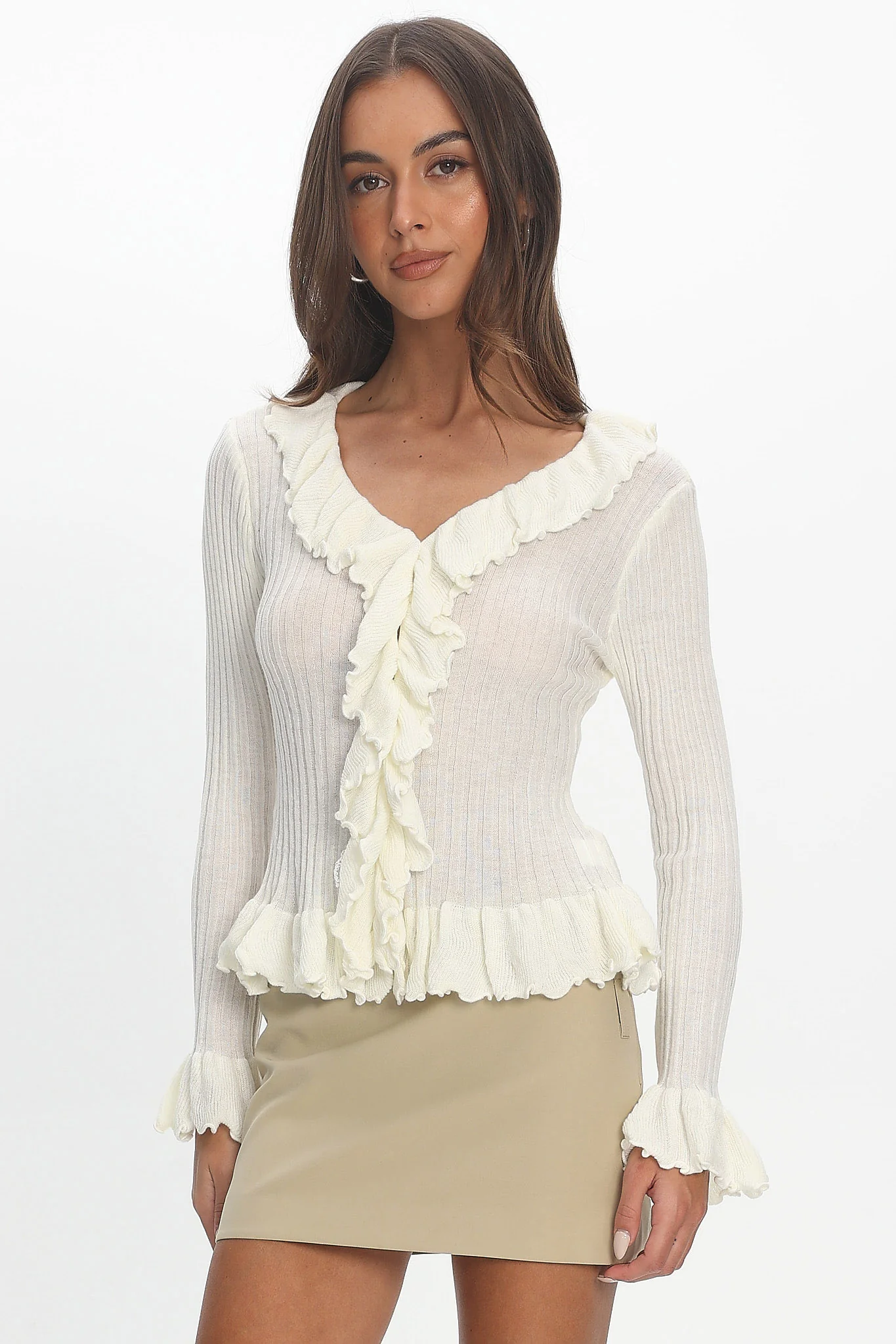 Jaimy Ruffle Trim Knit Cardigan Cream