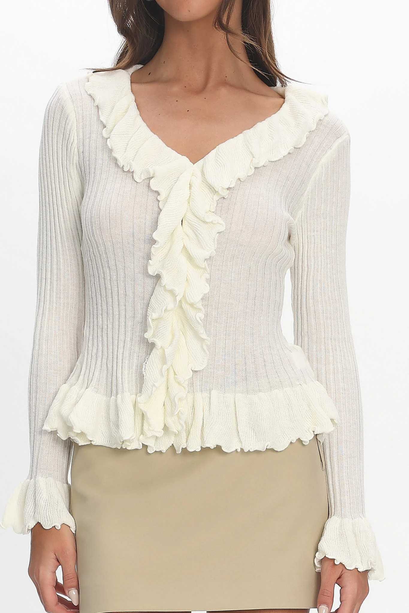 Jaimy Ruffle Trim Knit Cardigan Cream - Image 4