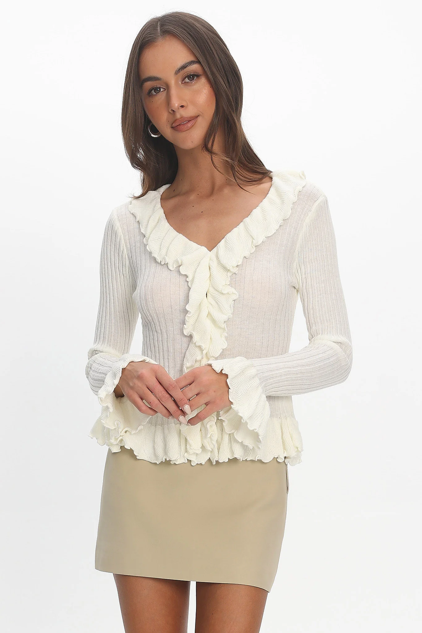 Jaimy Ruffle Trim Knit Cardigan Cream - Image 5