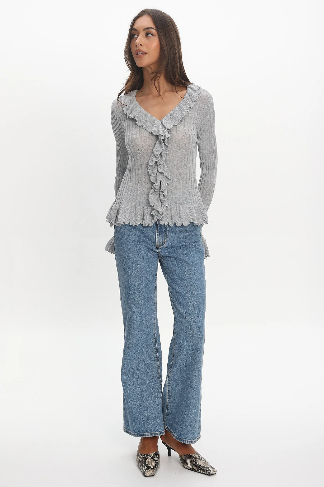Jaimy Ruffle Trim Knit Cardigan Grey - Image 3