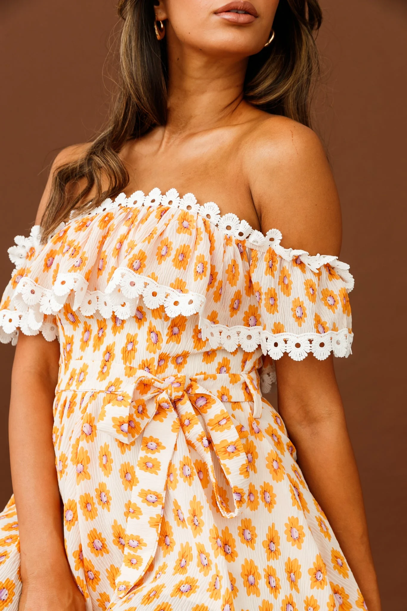 Jalisco Off-Shoulder Waist Tie Romper Floral Print White/Orange - Image 4
