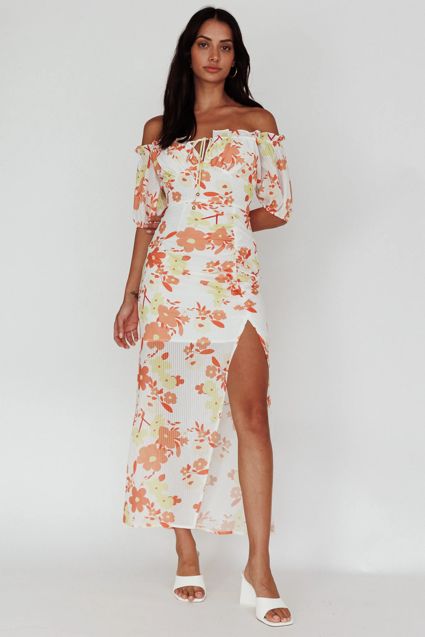 Jalynn Off-Shoulder Split Midi Dress Floral Orange - Image 3