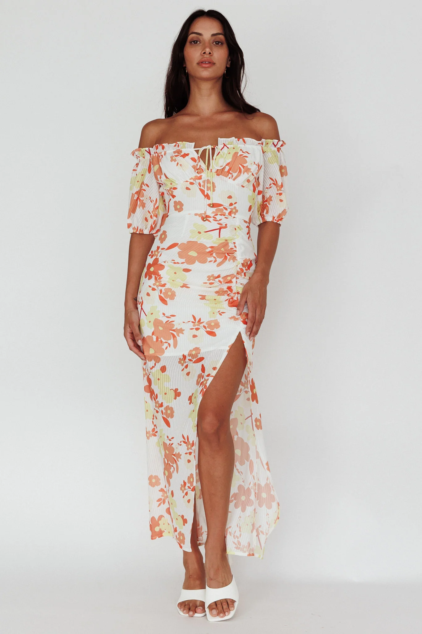 Jalynn Off-Shoulder Split Midi Dress Floral Orange - Image 5
