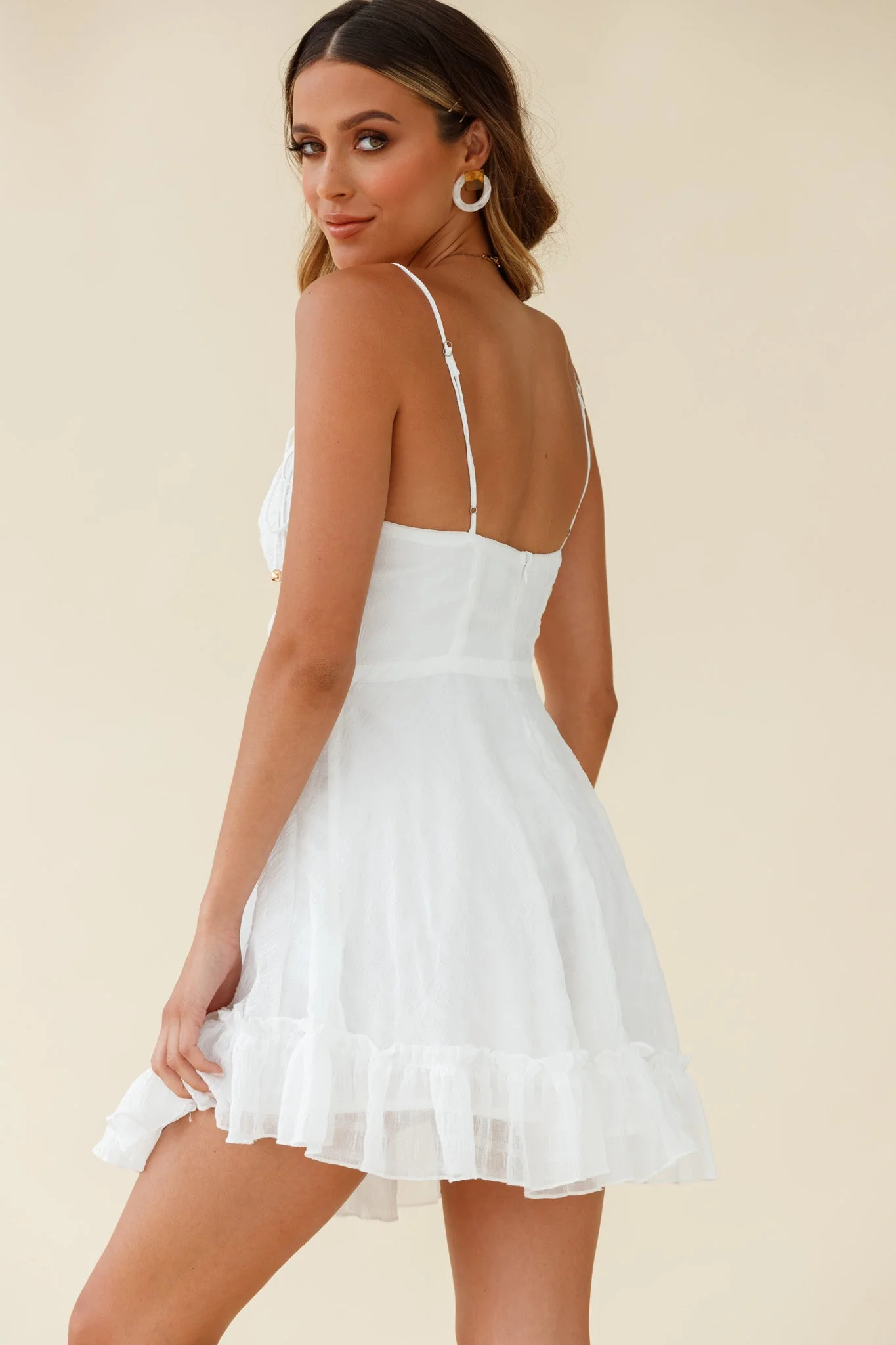 Janie String Tie Detail Ruffle Hem Babydoll Dress White - Image 3
