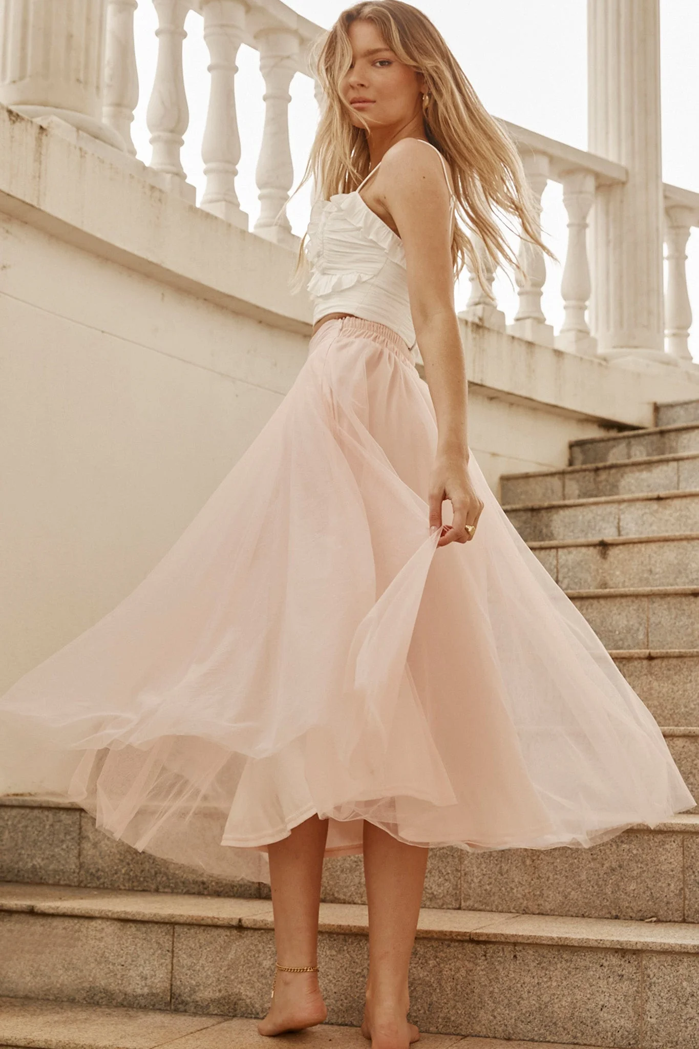 Jasmine Organza Mesh Elasticated Waist Midi Skirt Baby Pink - Image 7
