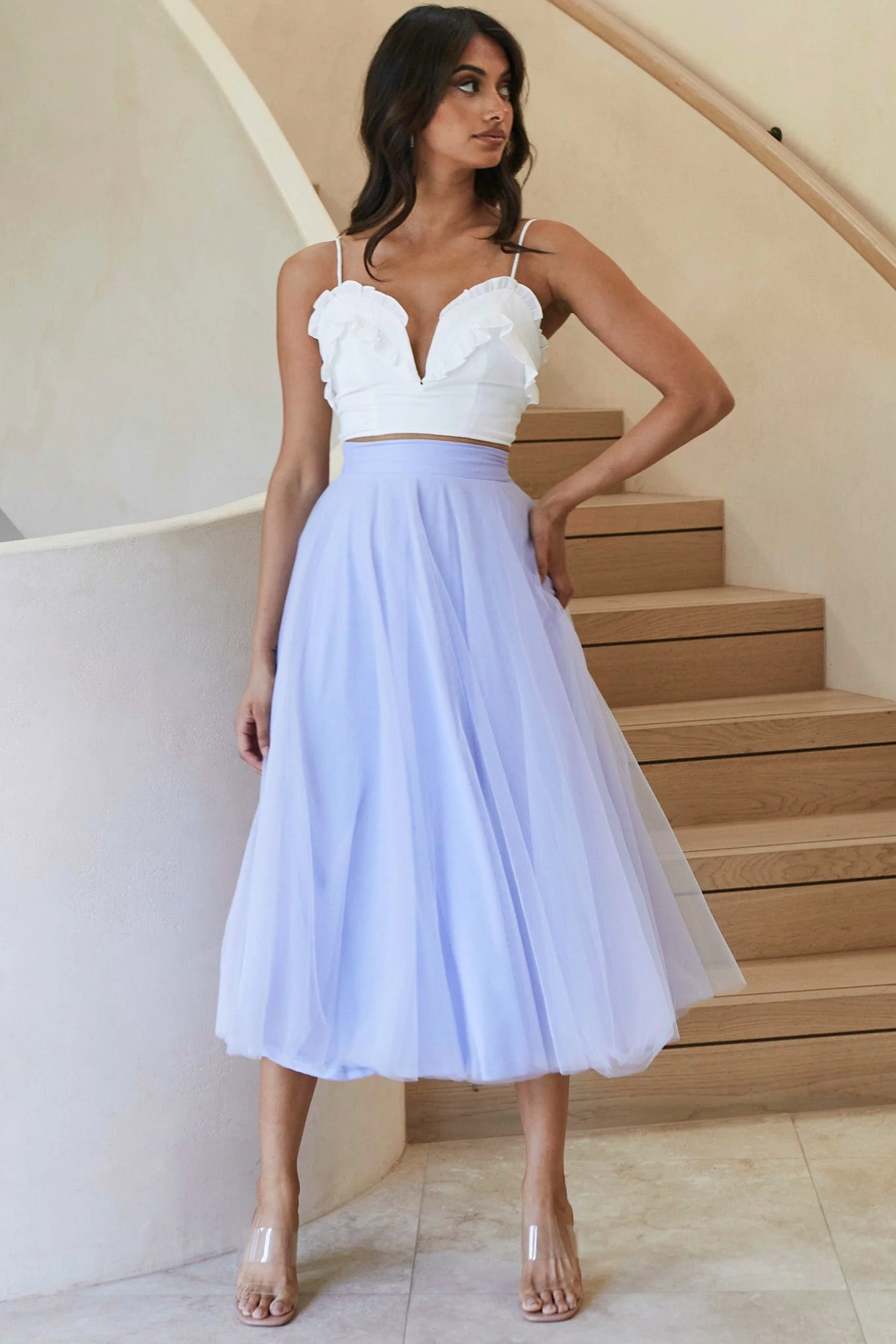 Jasmine Organza Mesh Elasticated Waist Midi Skirt Lavender - Image 2