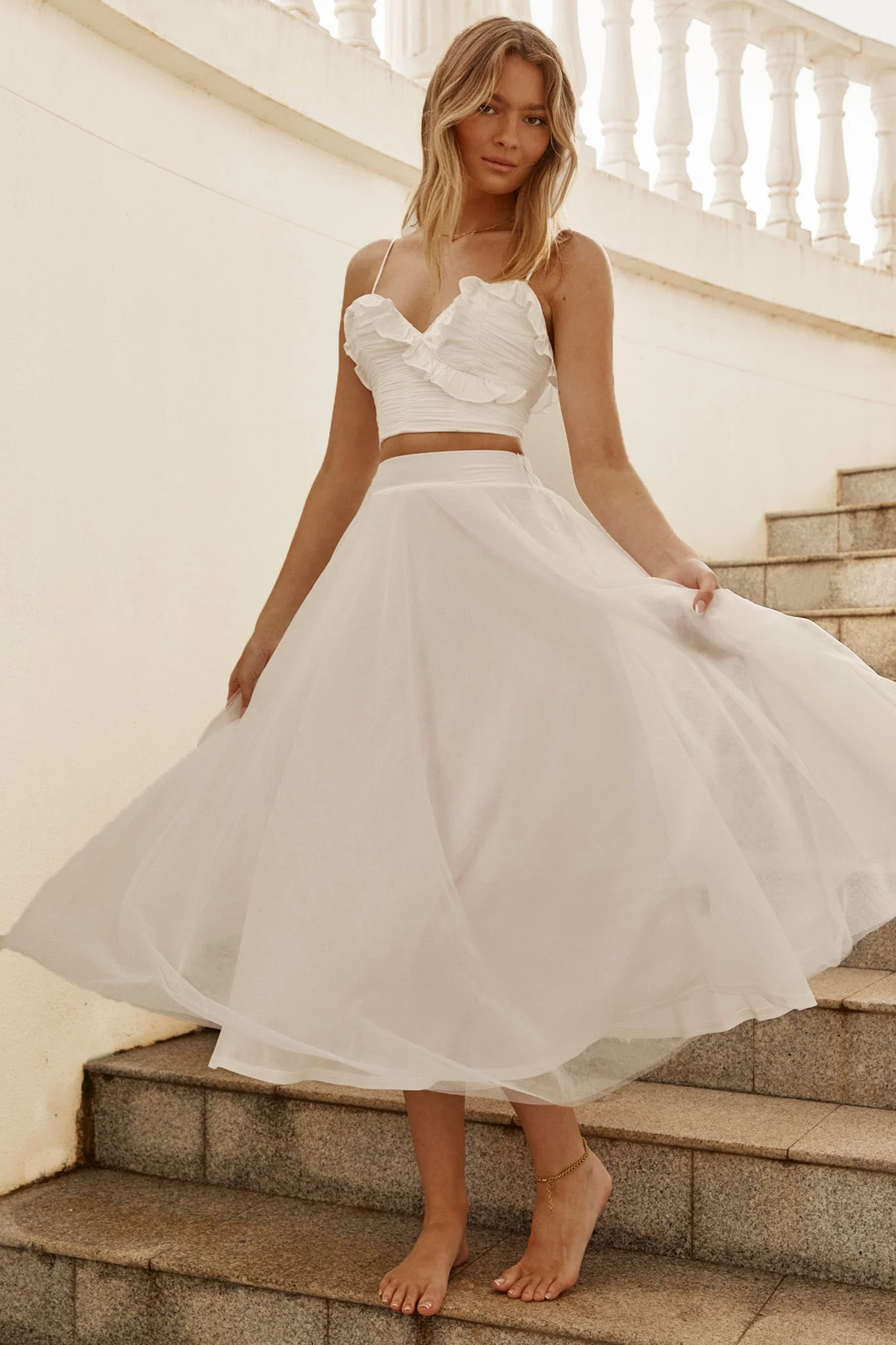 Jasmine Organza Mesh Elasticated Waist Midi Skirt White