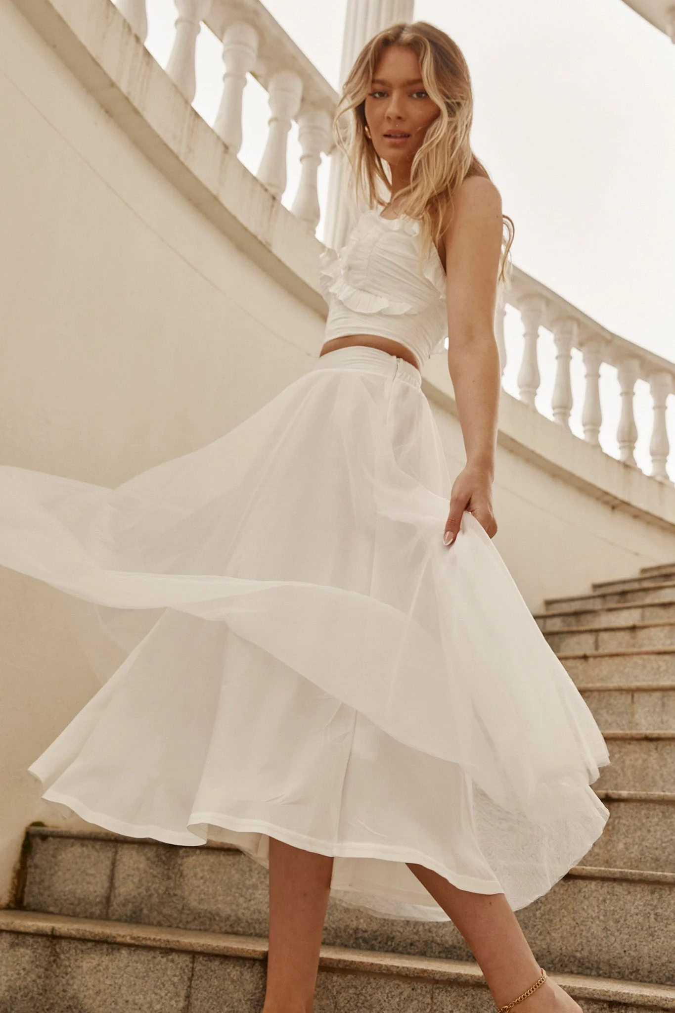 Jasmine Organza Mesh Elasticated Waist Midi Skirt White - Image 10