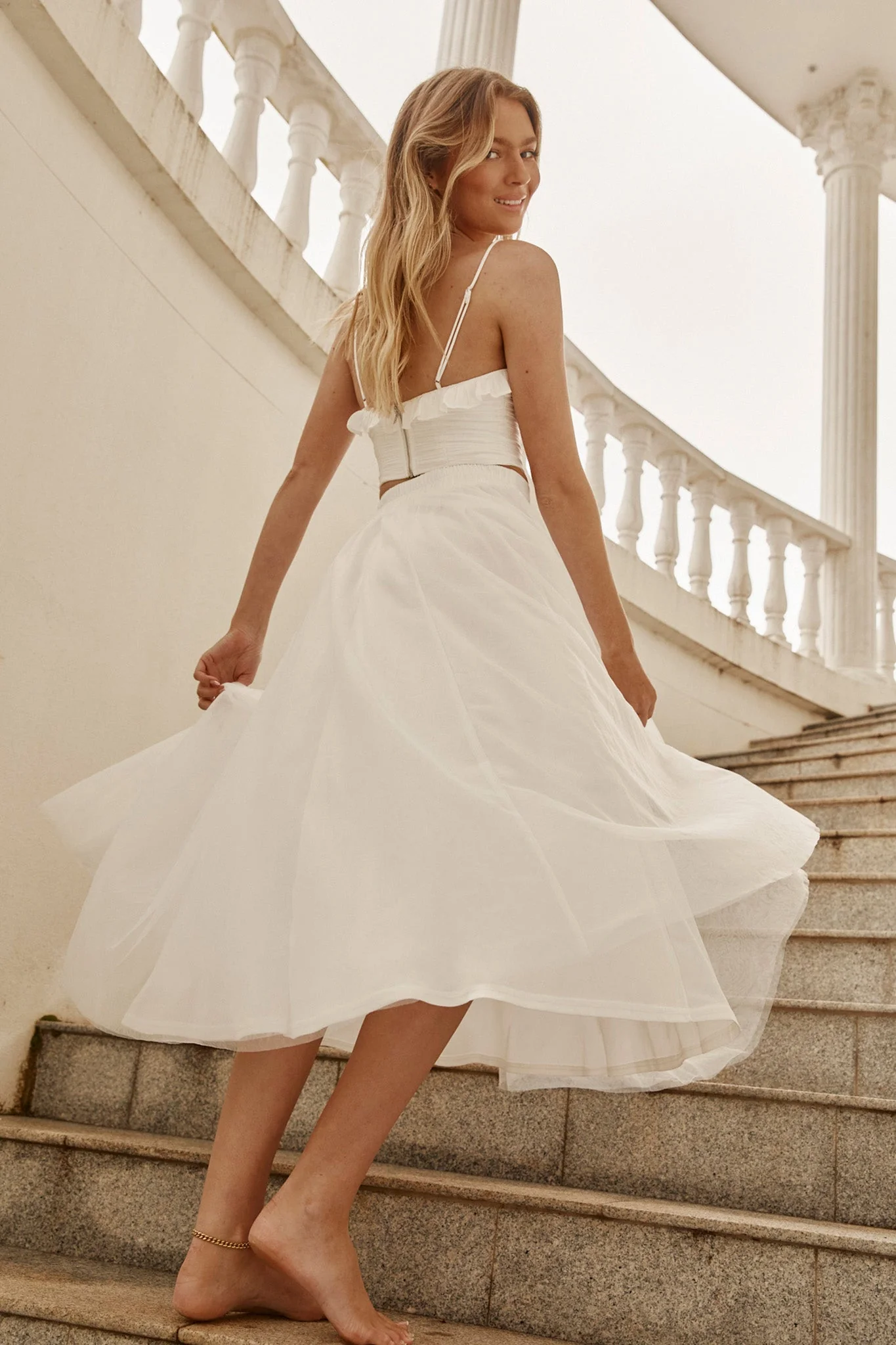 Jasmine Organza Mesh Elasticated Waist Midi Skirt White - Image 2