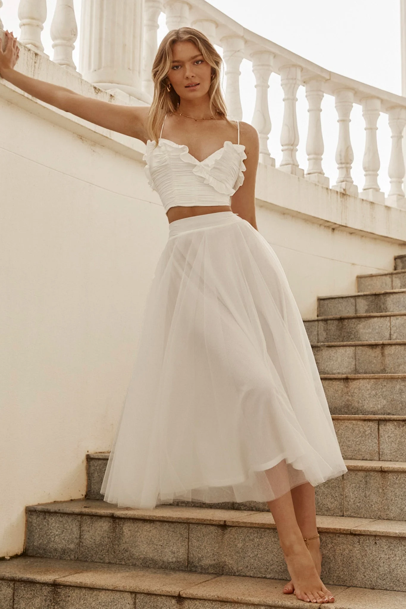 Jasmine Organza Mesh Elasticated Waist Midi Skirt White - Image 3